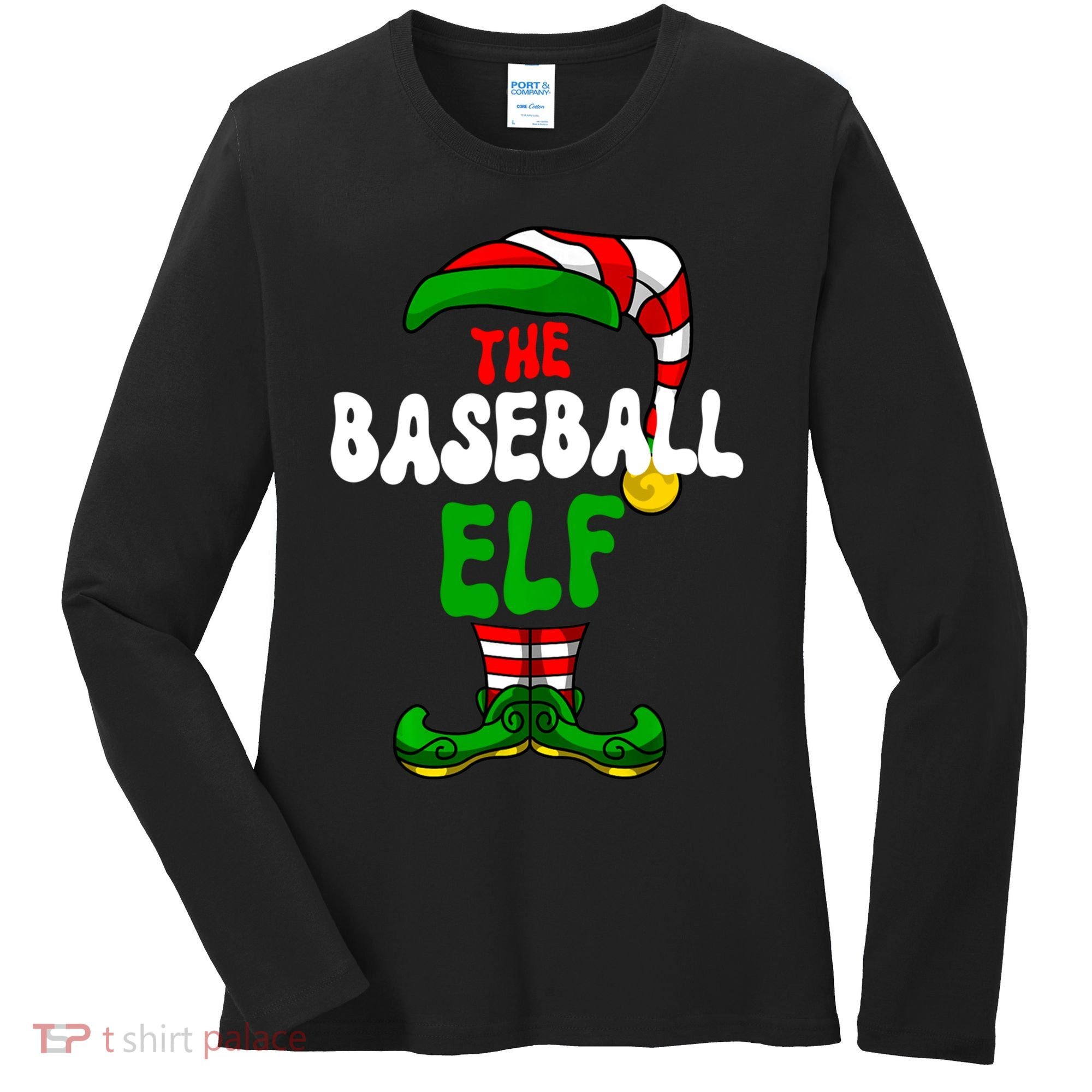 Baseball Elf Pajama Matching Group Christmas Holiday Women's Long Sleeve Shirt