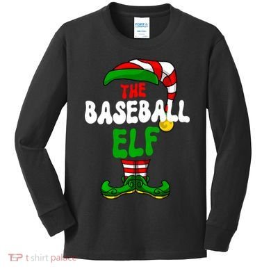 Baseball Elf Pajama Matching Group Christmas Holiday Kids Long Sleeve Shirt