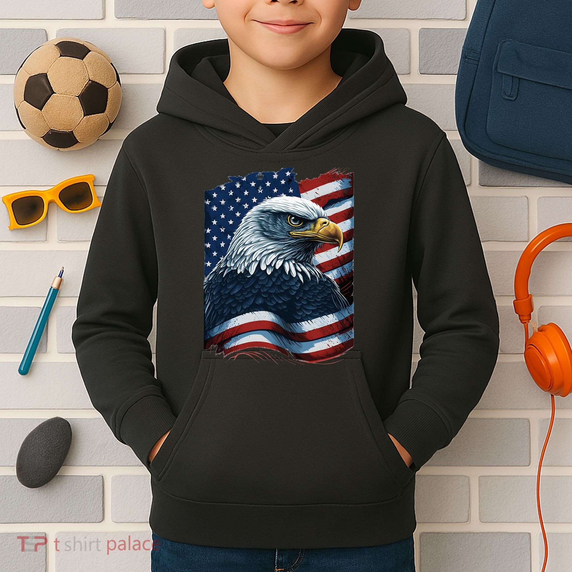 Bald Eagle Proud Patriotic American US Flag 4th Of July Kids Hoodie