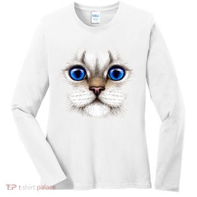 Blue Eyed Realistic Cat Face Women's Long Sleeve Shirt