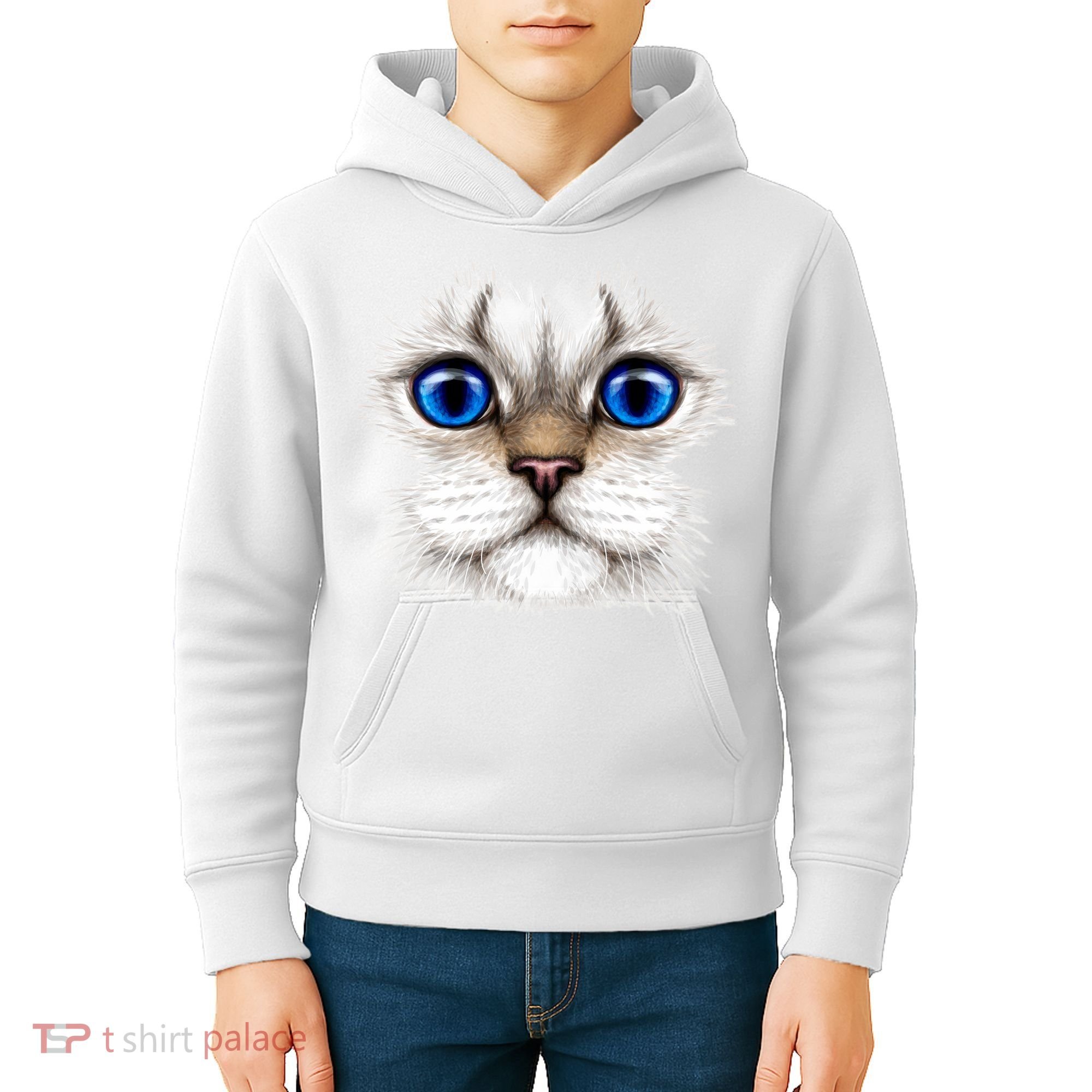 Blue Eyed Realistic Cat Face Kids Hoodie