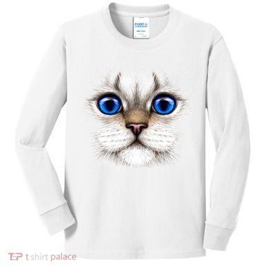 Blue Eyed Realistic Cat Face Kids Long Sleeve Shirt