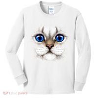 Blue Eyed Realistic Cat Face Kids Long Sleeve Shirt thumb 0