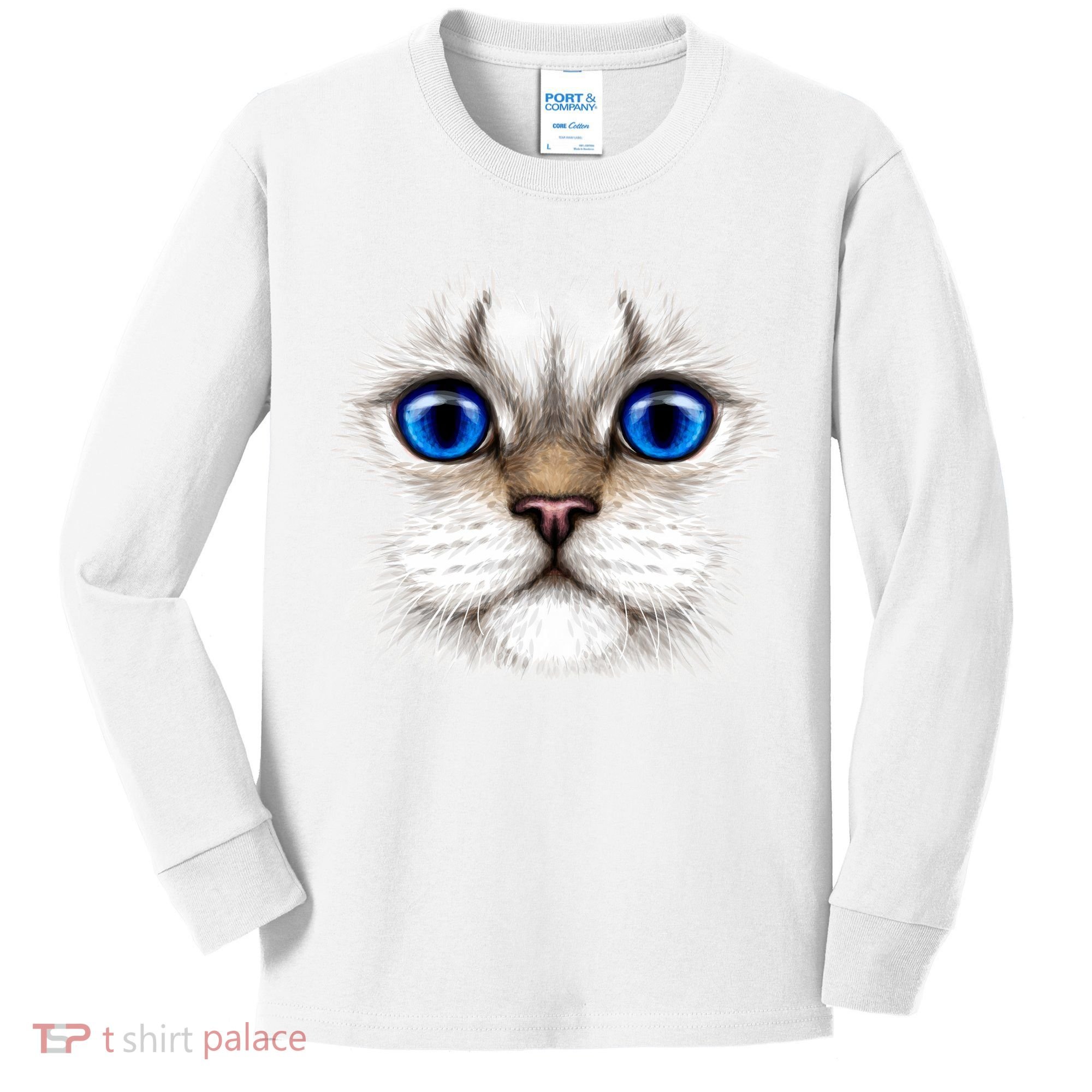 Blue Eyed Realistic Cat Face Kids Long Sleeve Shirt