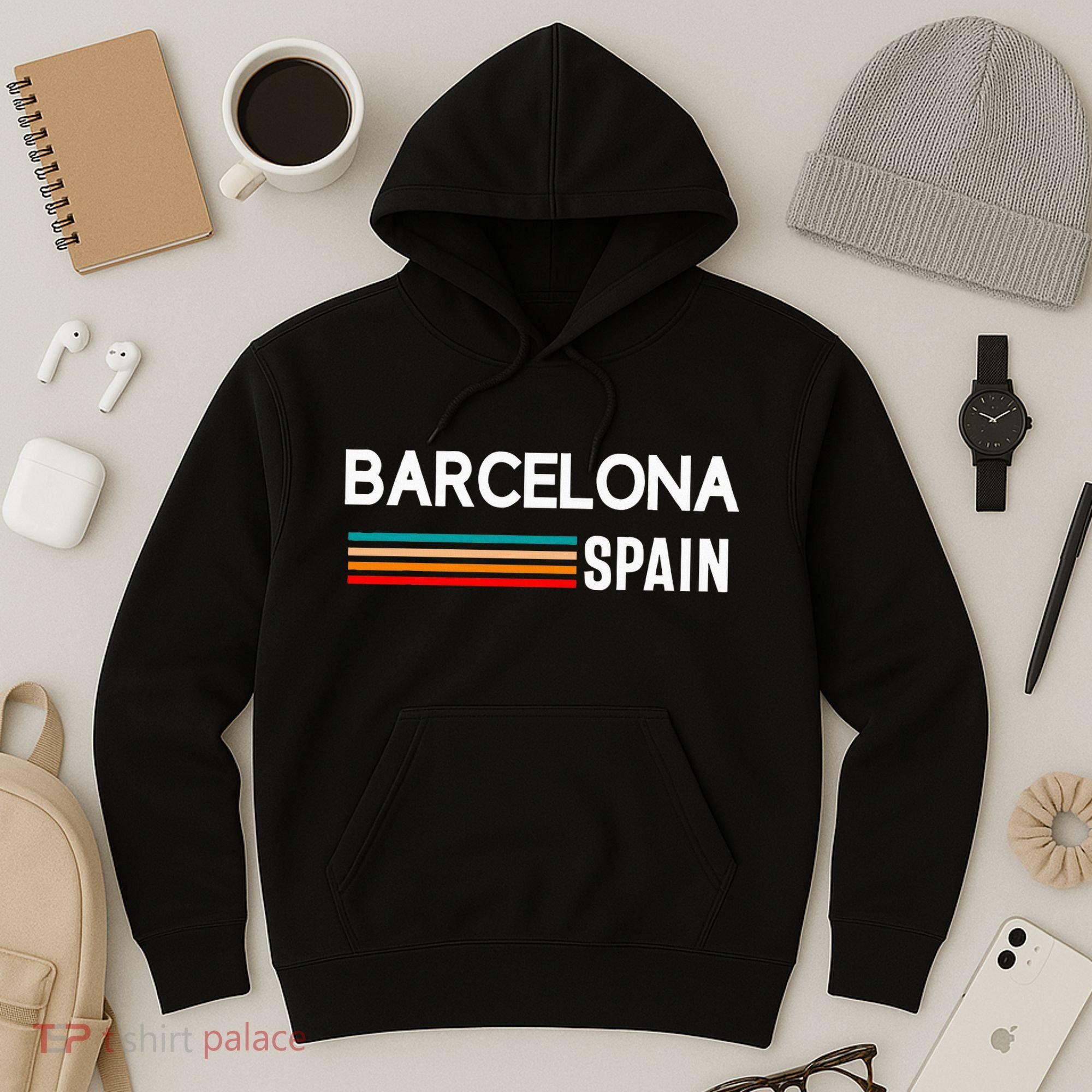 Barcelona Espana Spain Est. Souvenir Flag Map Vacation Hoodie
