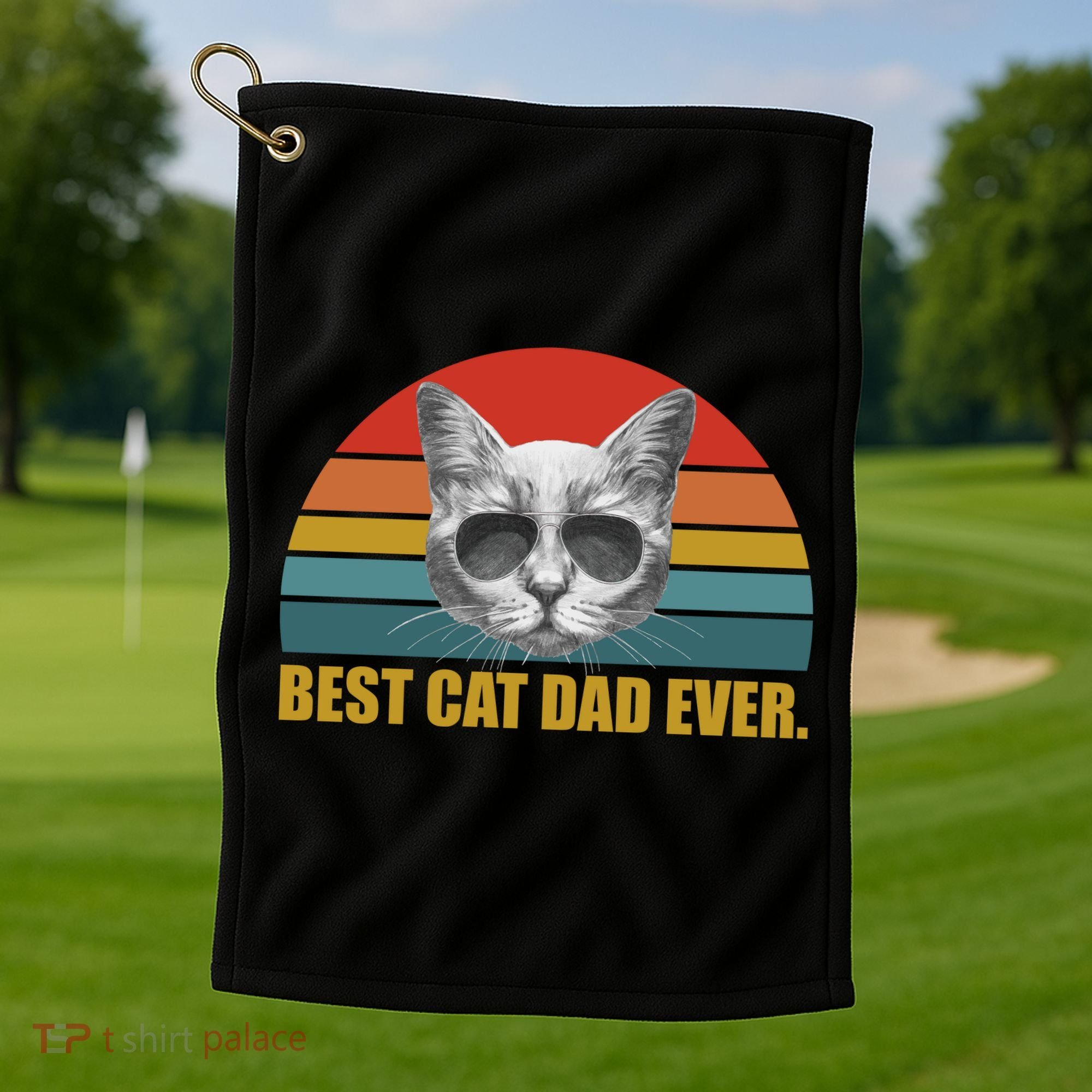 Best Cat Dad Ever Retro Sunset Golf Towel
