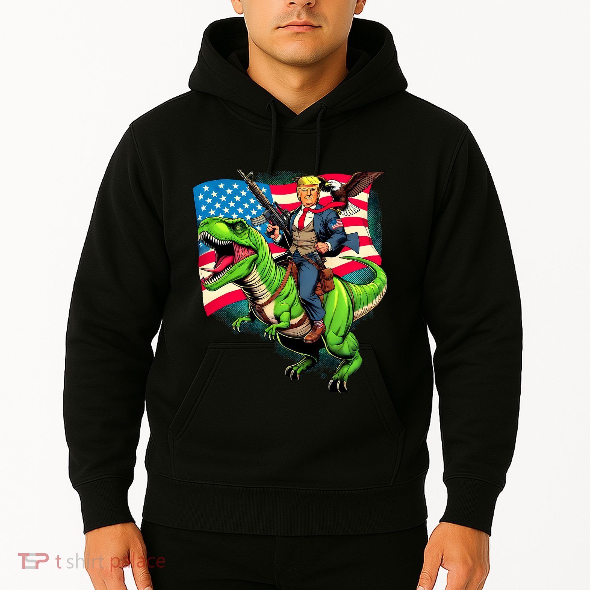 Bald Eagle Us Flag Trump Riding A Trex Hoodie