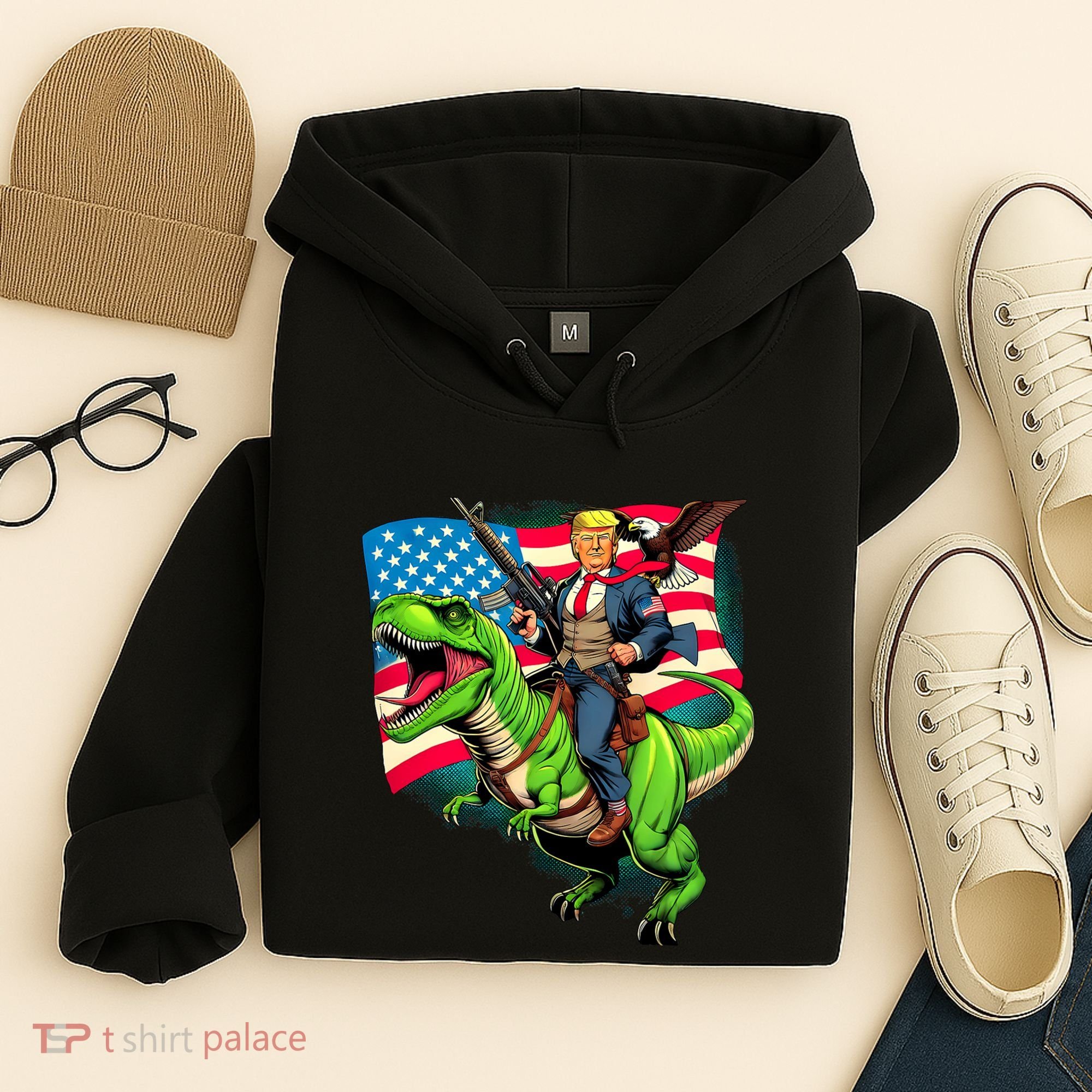 Bald Eagle Us Flag Trump Riding A Trex Hoodie