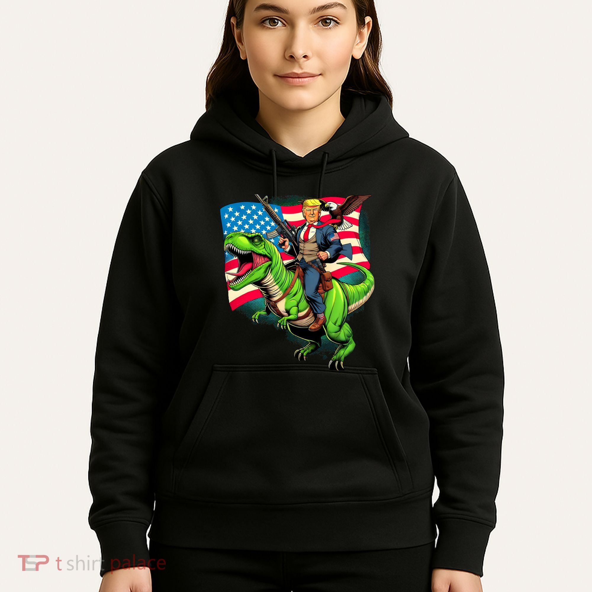 Bald Eagle Us Flag Trump Riding A Trex Hoodie