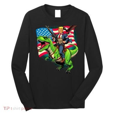 Bald Eagle Us Flag Trump Riding A Trex Long Sleeve Shirt