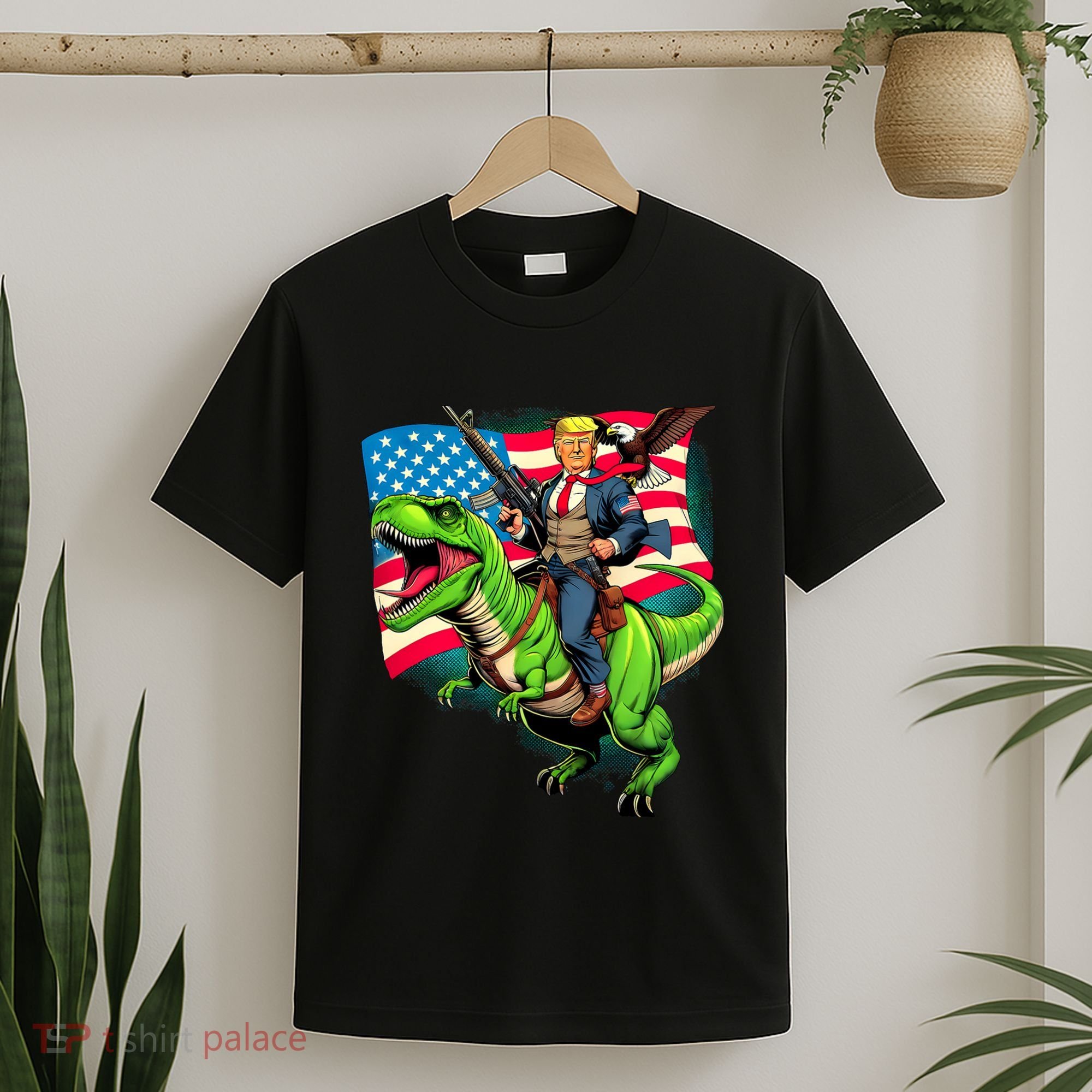 Bald Eagle Us Flag Trump Riding A Trex T-Shirt