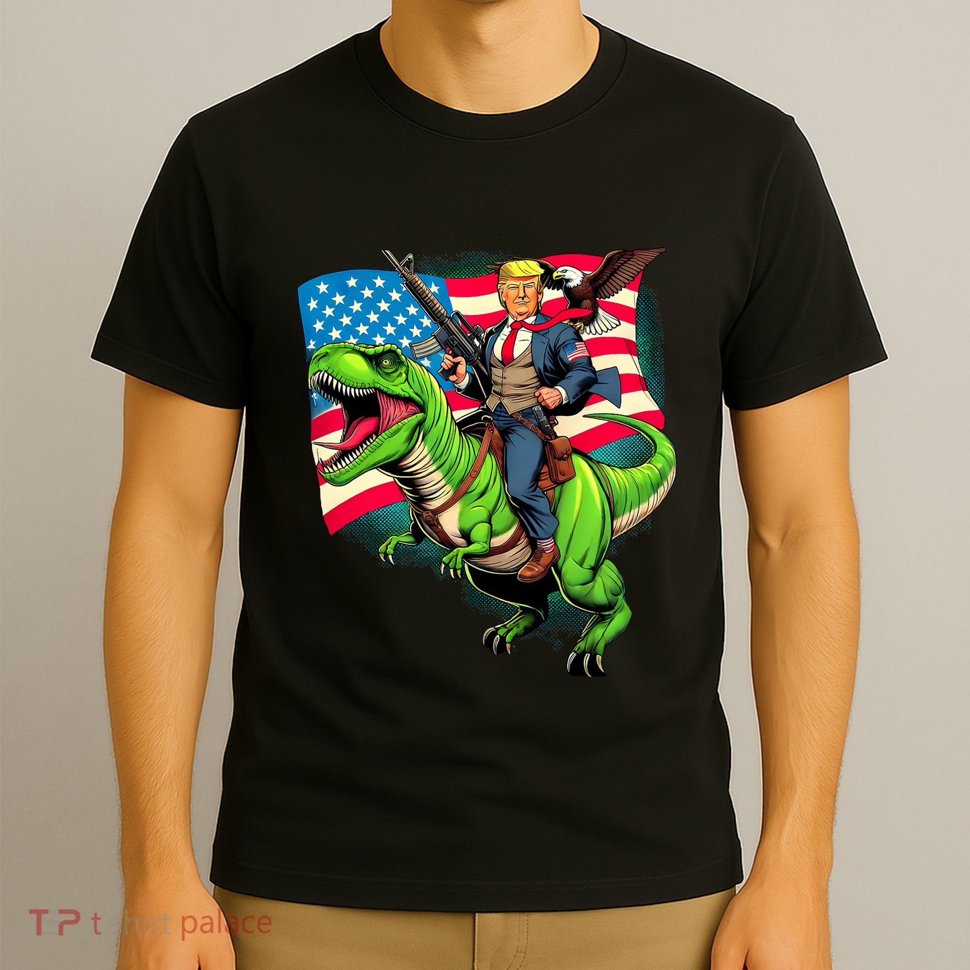 Bald Eagle Us Flag Trump Riding A Trex T-Shirt