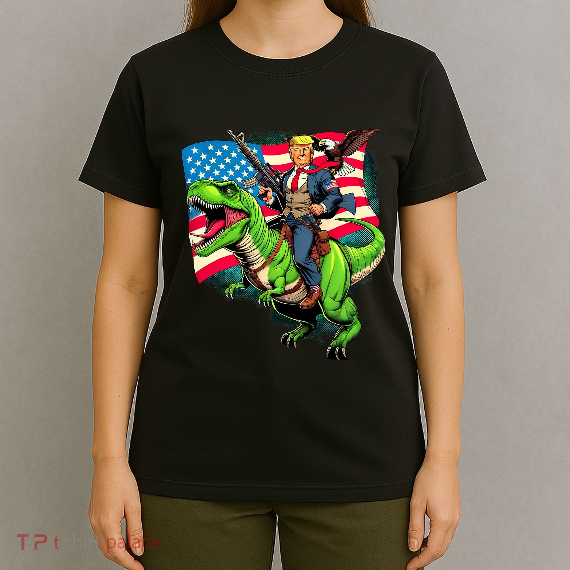 Bald Eagle Us Flag Trump Riding A Trex T-Shirt
