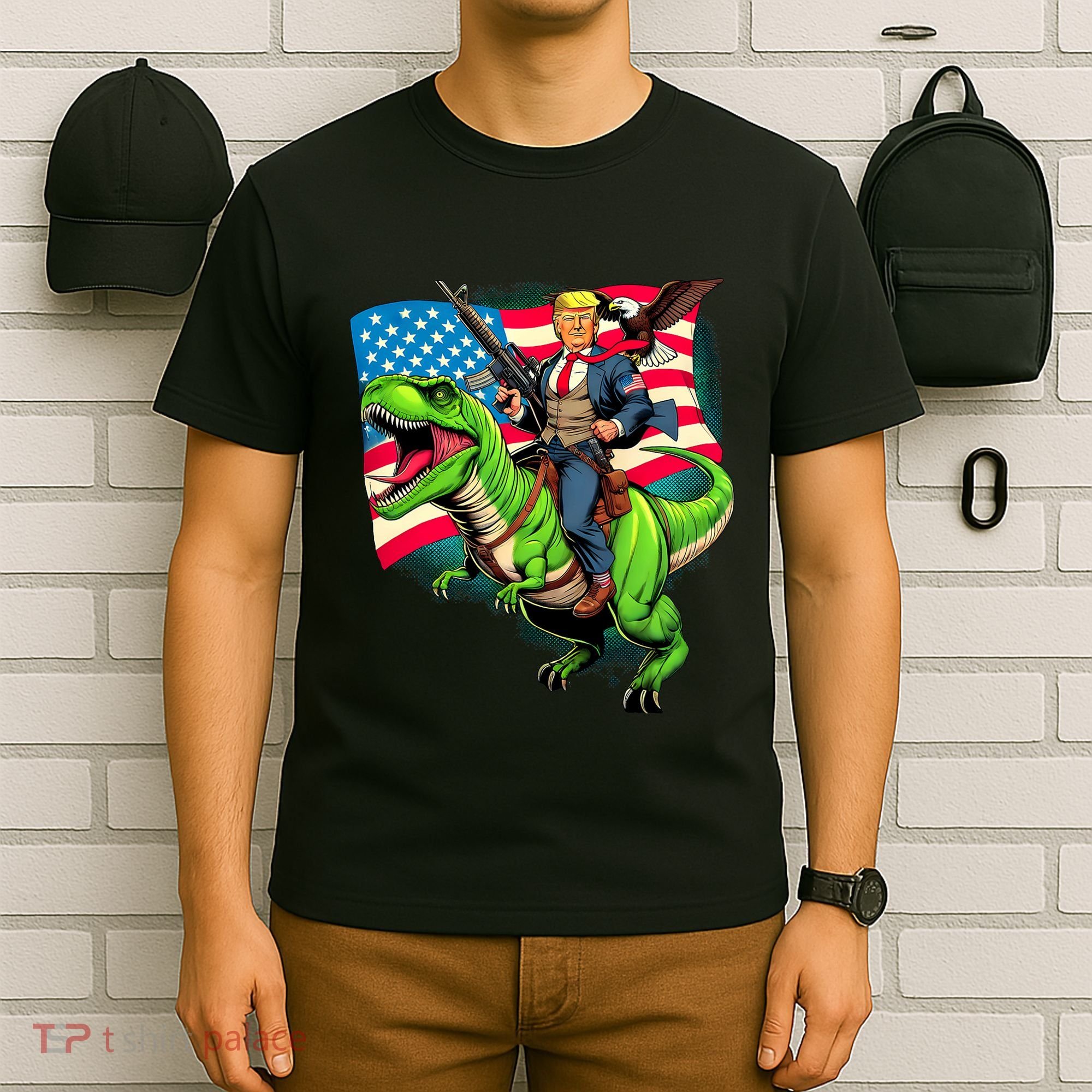 Bald Eagle Us Flag Trump Riding A Trex T-Shirt