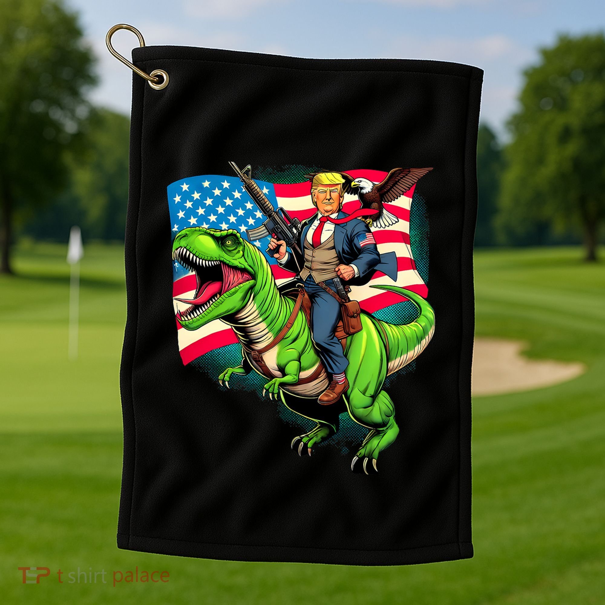 Bald Eagle Us Flag Trump Riding A Trex Golf Towel