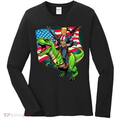 Bald Eagle Us Flag Trump Riding A Trex Women's Long Sleeve Shirt