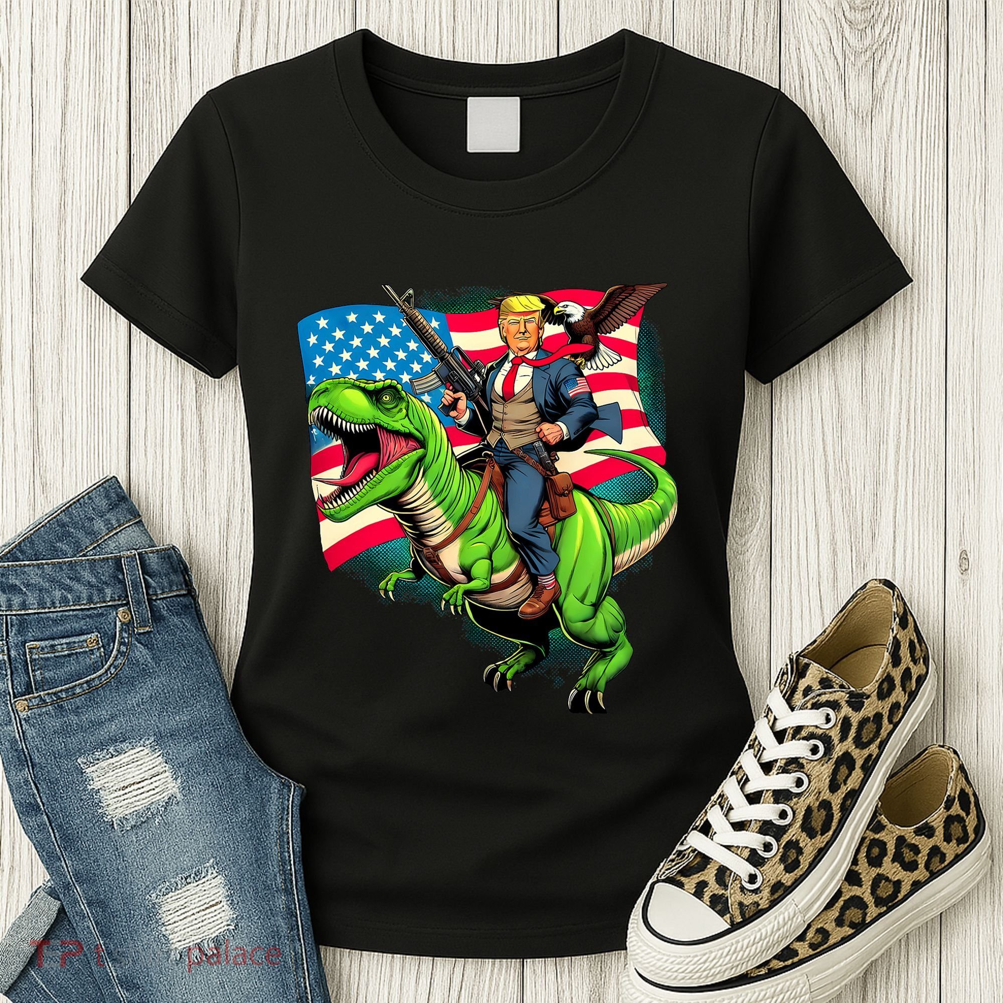 Bald Eagle Us Flag Trump Riding A Trex Women's T-Shirt