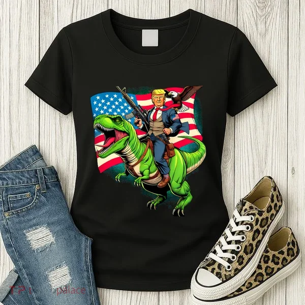 Bald Eagle Us Flag Trump Riding A Trex Women's T-Shirt