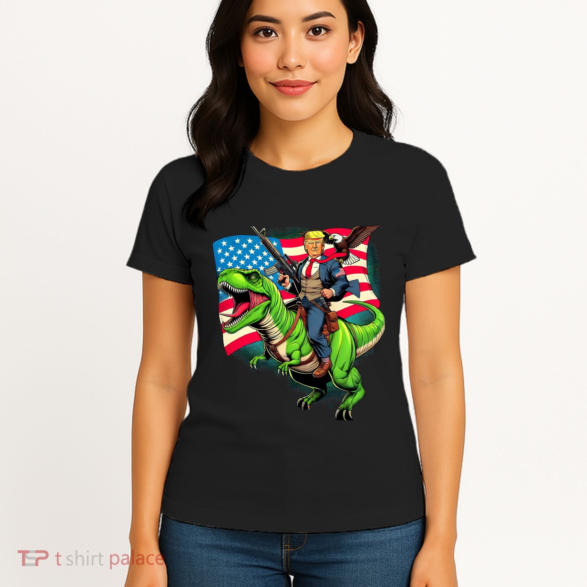 Bald Eagle Us Flag Trump Riding A Trex Women's T-Shirt