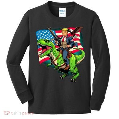 Bald Eagle Us Flag Trump Riding A Trex Kids Long Sleeve Shirt