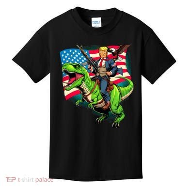 Bald Eagle Us Flag Trump Riding A Trex Kids T-Shirt