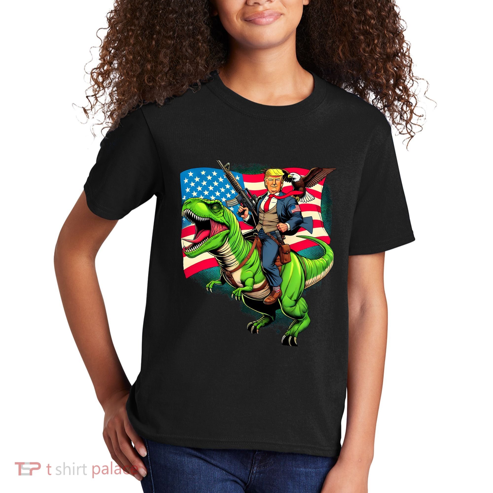 Bald Eagle Us Flag Trump Riding A Trex Kids T-Shirt