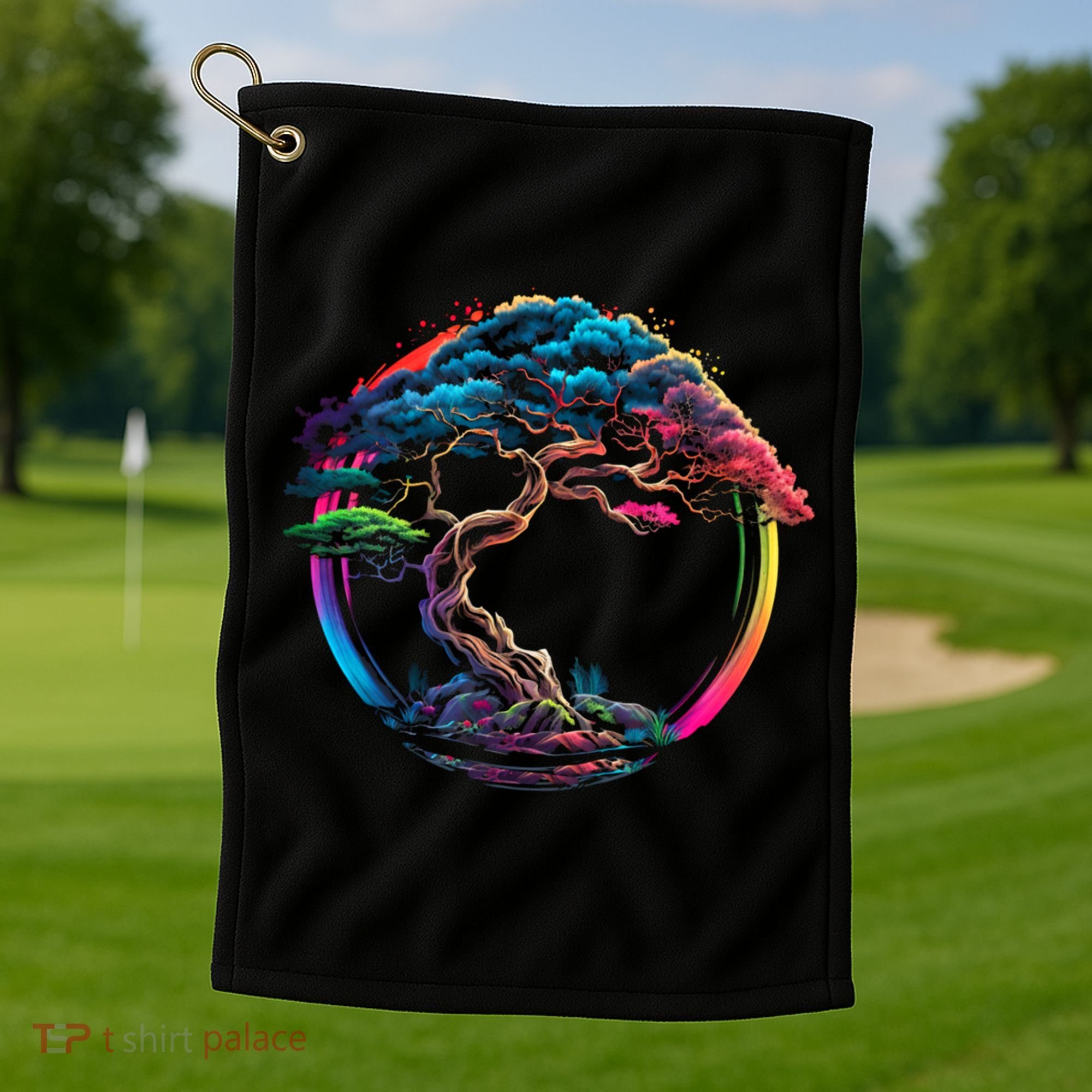 Bonsai Enso Zen Circle Tree Japan Spirituality Rainbow Gift Golf Towel