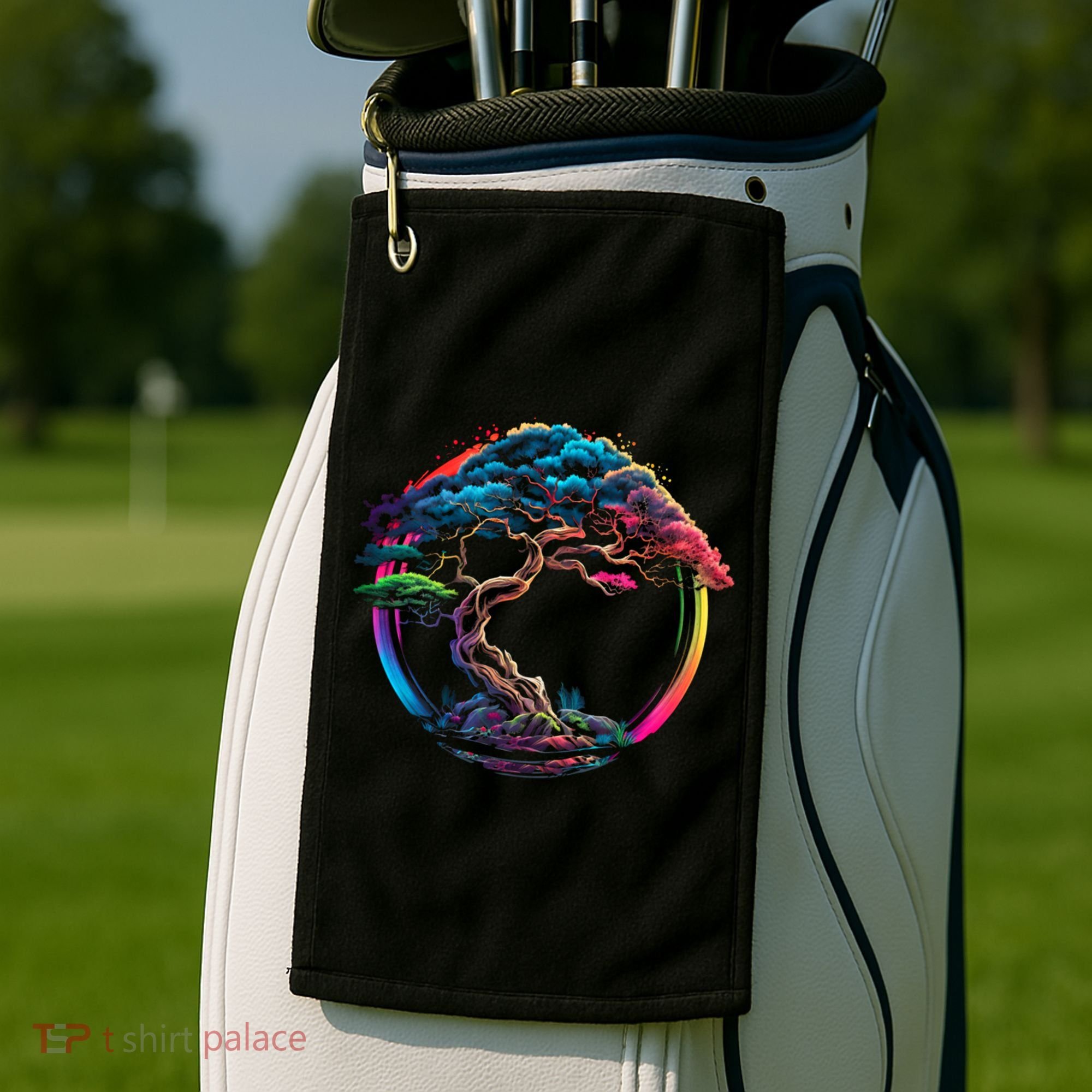 Bonsai Enso Zen Circle Tree Japan Spirituality Rainbow Gift Golf Towel