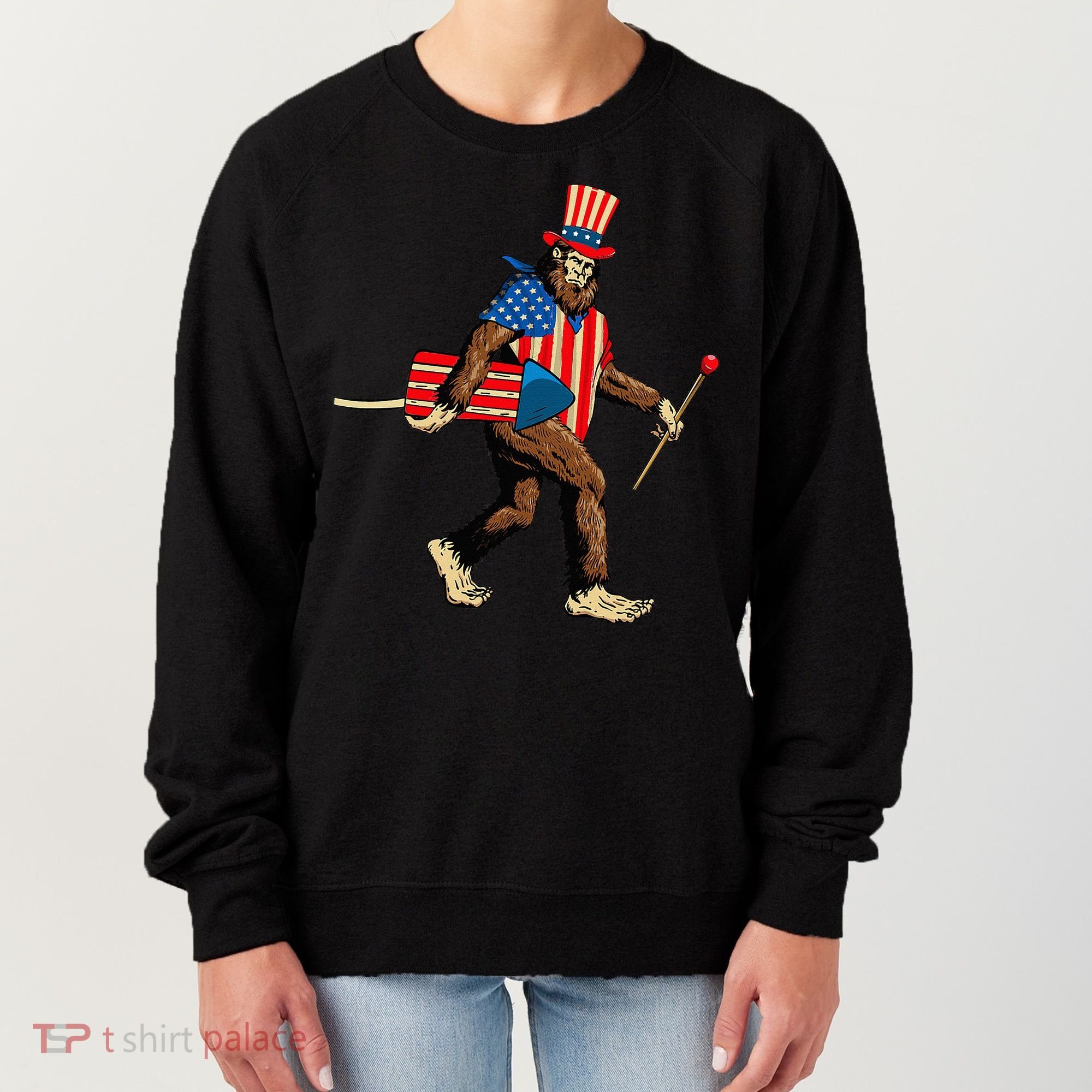 Bigfoot Fireworks 4th of July Sasquatch American Flag Women's Sweatshirt