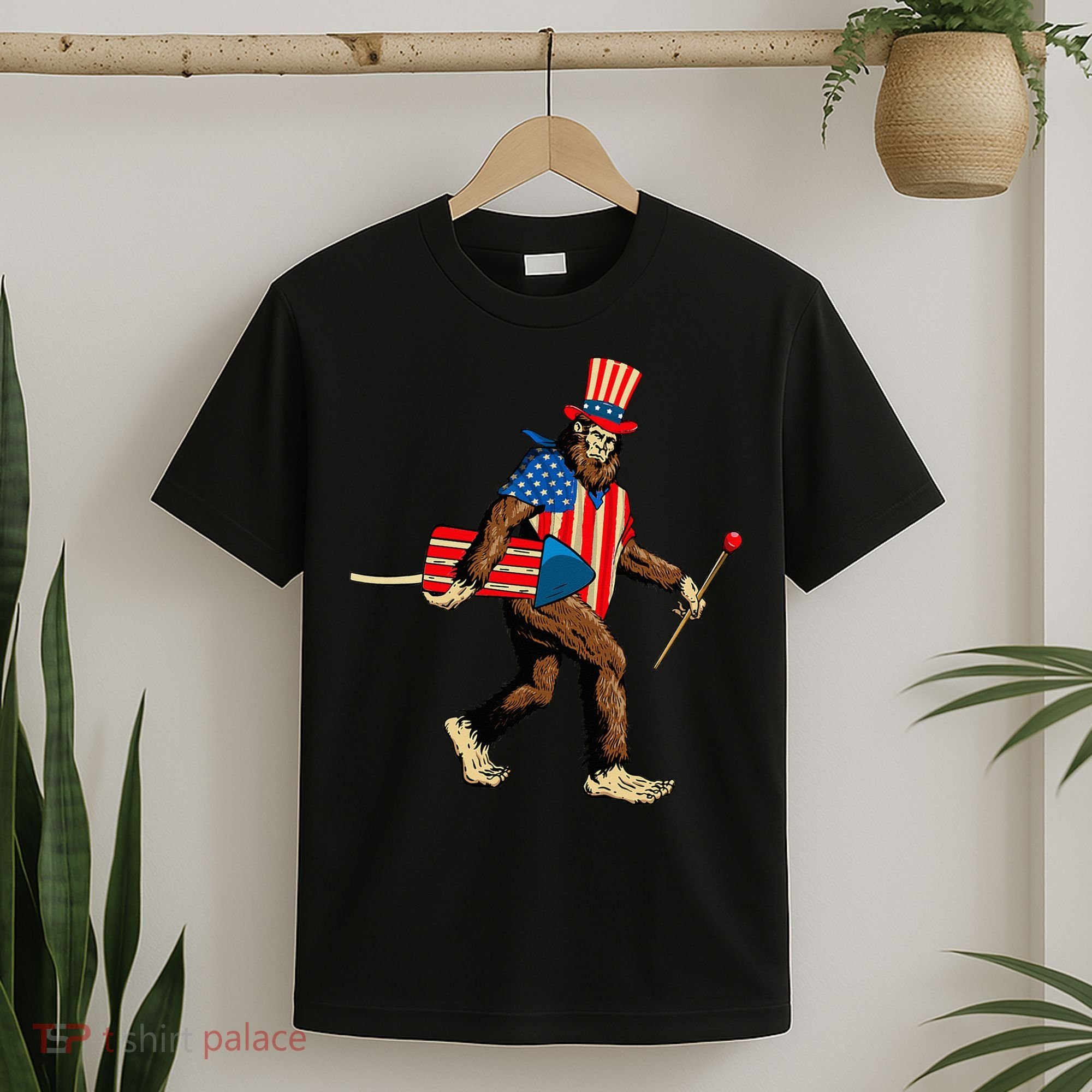 Bigfoot Fireworks 4th of July Sasquatch American Flag T-Shirt