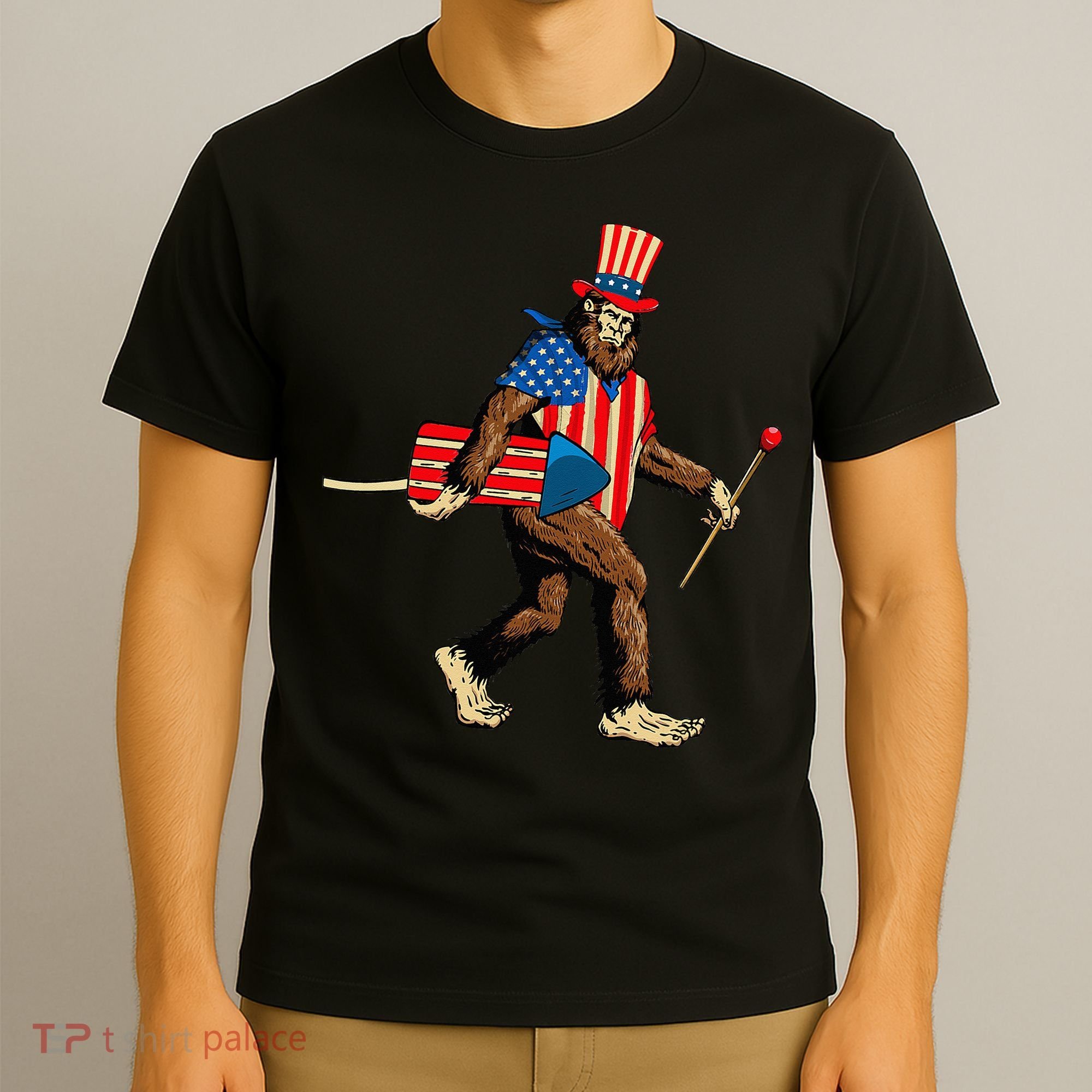 Bigfoot Fireworks 4th of July Sasquatch American Flag T-Shirt