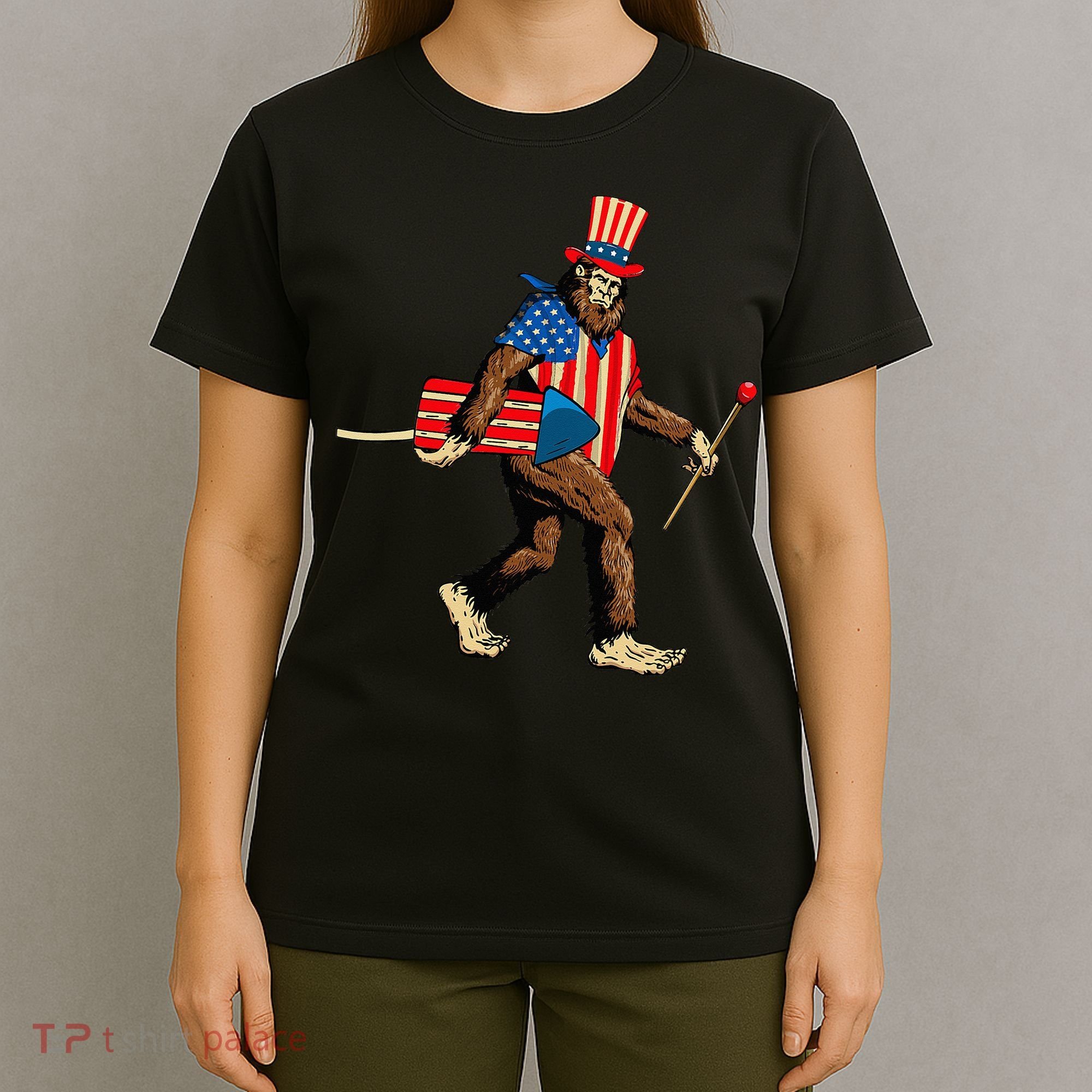 Bigfoot Fireworks 4th of July Sasquatch American Flag T-Shirt