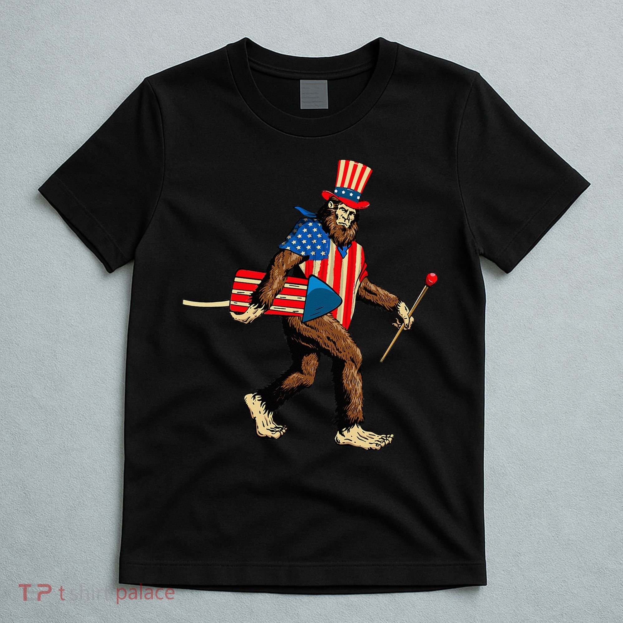 Bigfoot Fireworks 4th of July Sasquatch American Flag T-Shirt