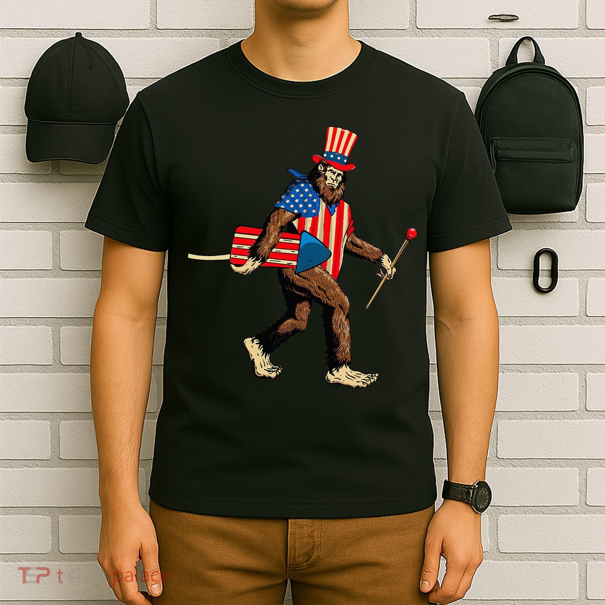 Bigfoot Fireworks 4th of July Sasquatch American Flag T-Shirt