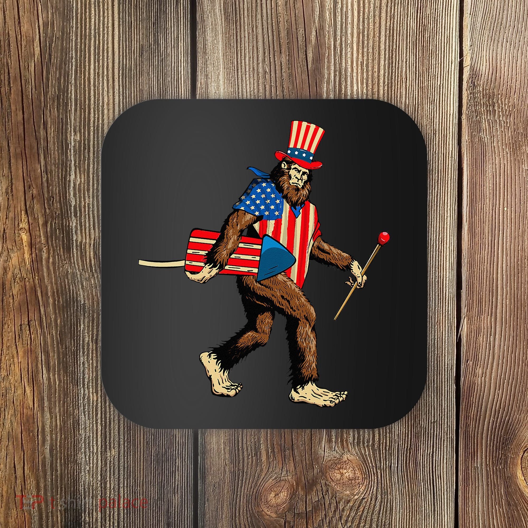 Bigfoot Fireworks 4th of July Sasquatch American Flag Coaster
