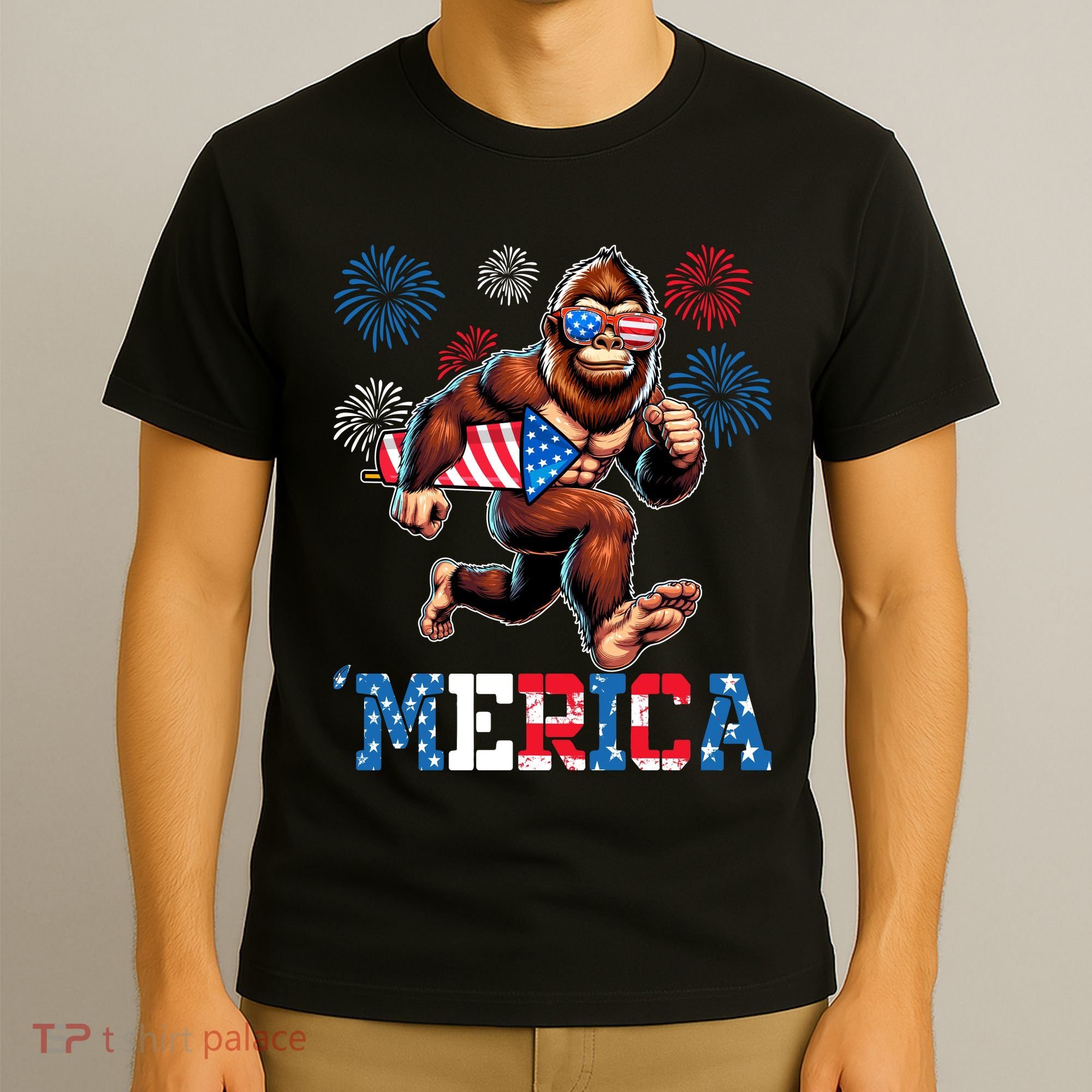 Bigfoot Fireworks 4th Of July Men Sasquatch American Flag T-Shirt