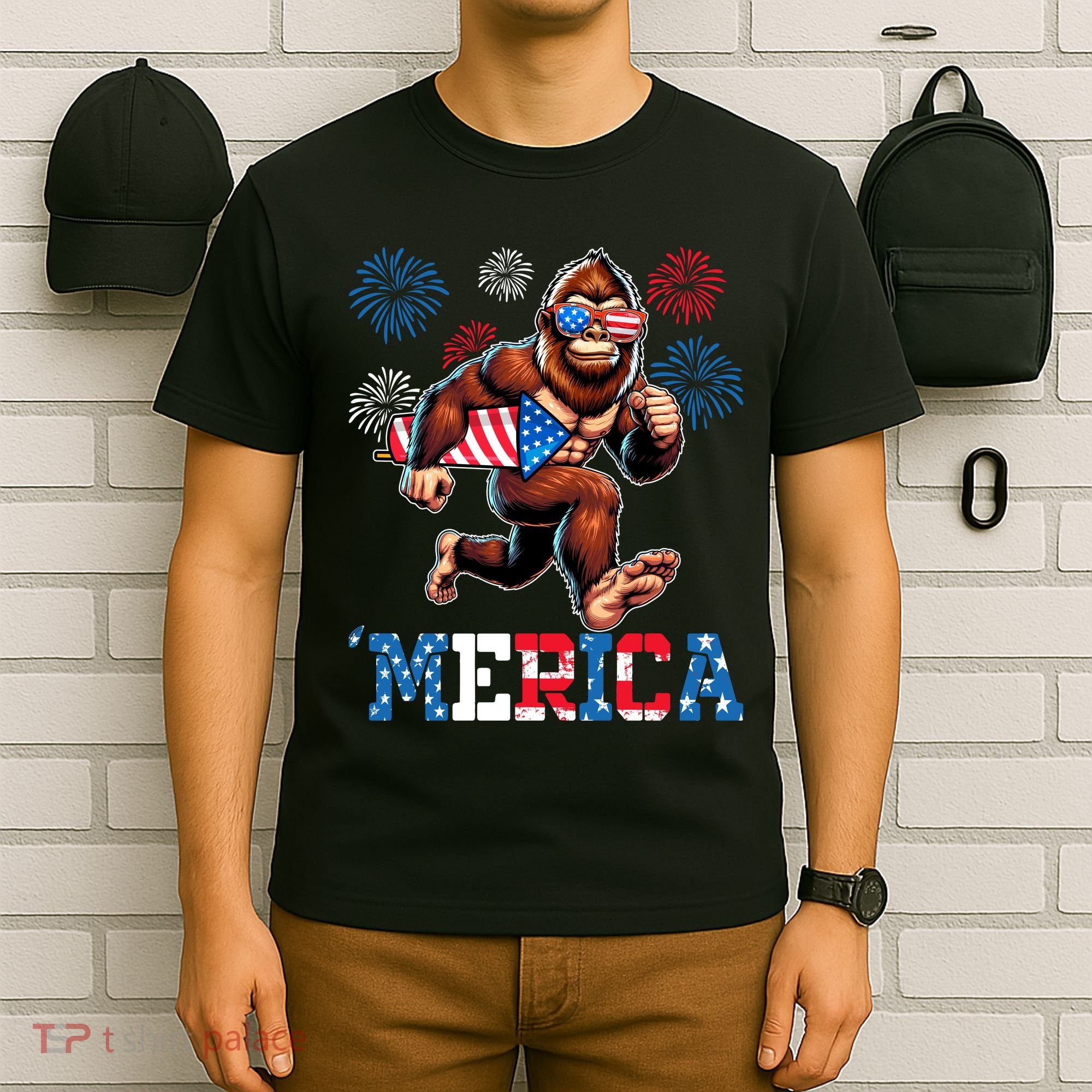 Bigfoot Fireworks 4th Of July Men Sasquatch American Flag T-Shirt