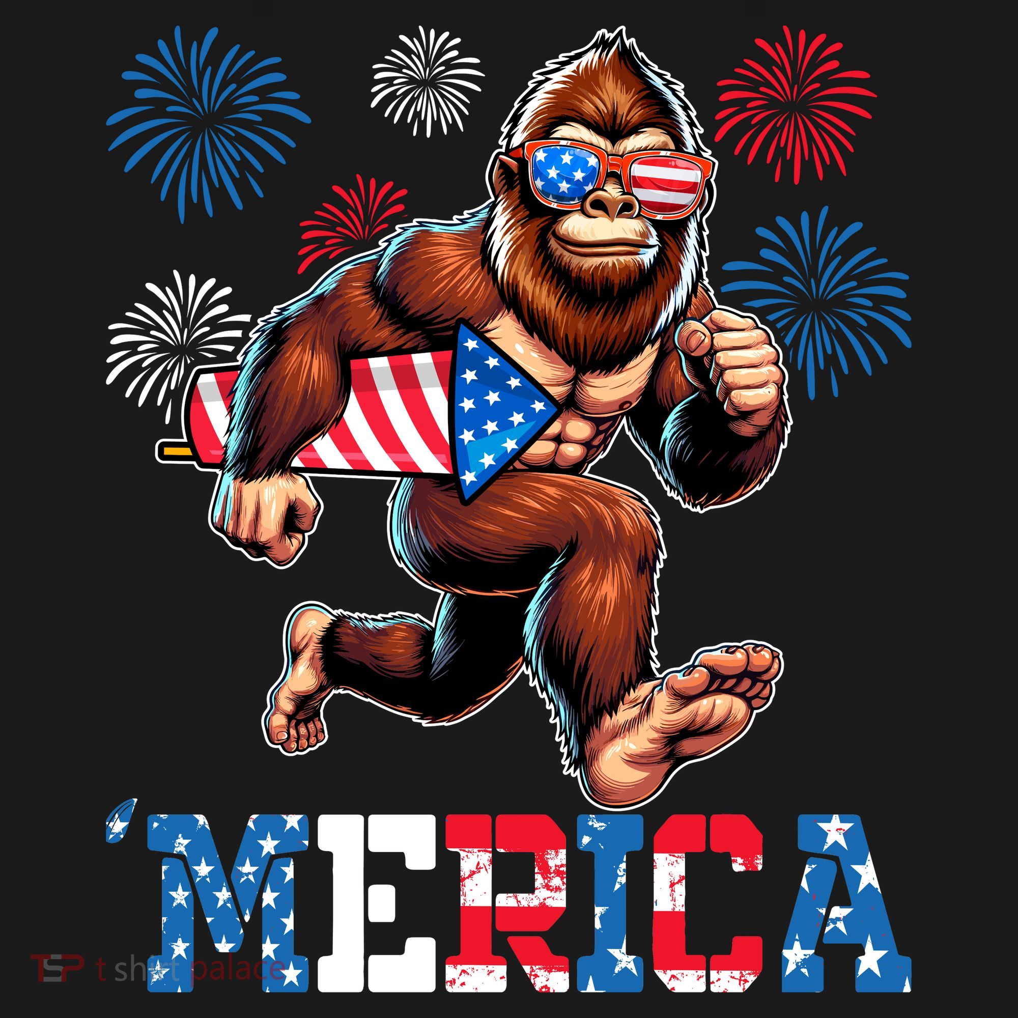 Bigfoot Fireworks 4th Of July Men Sasquatch American Flag T-Shirt