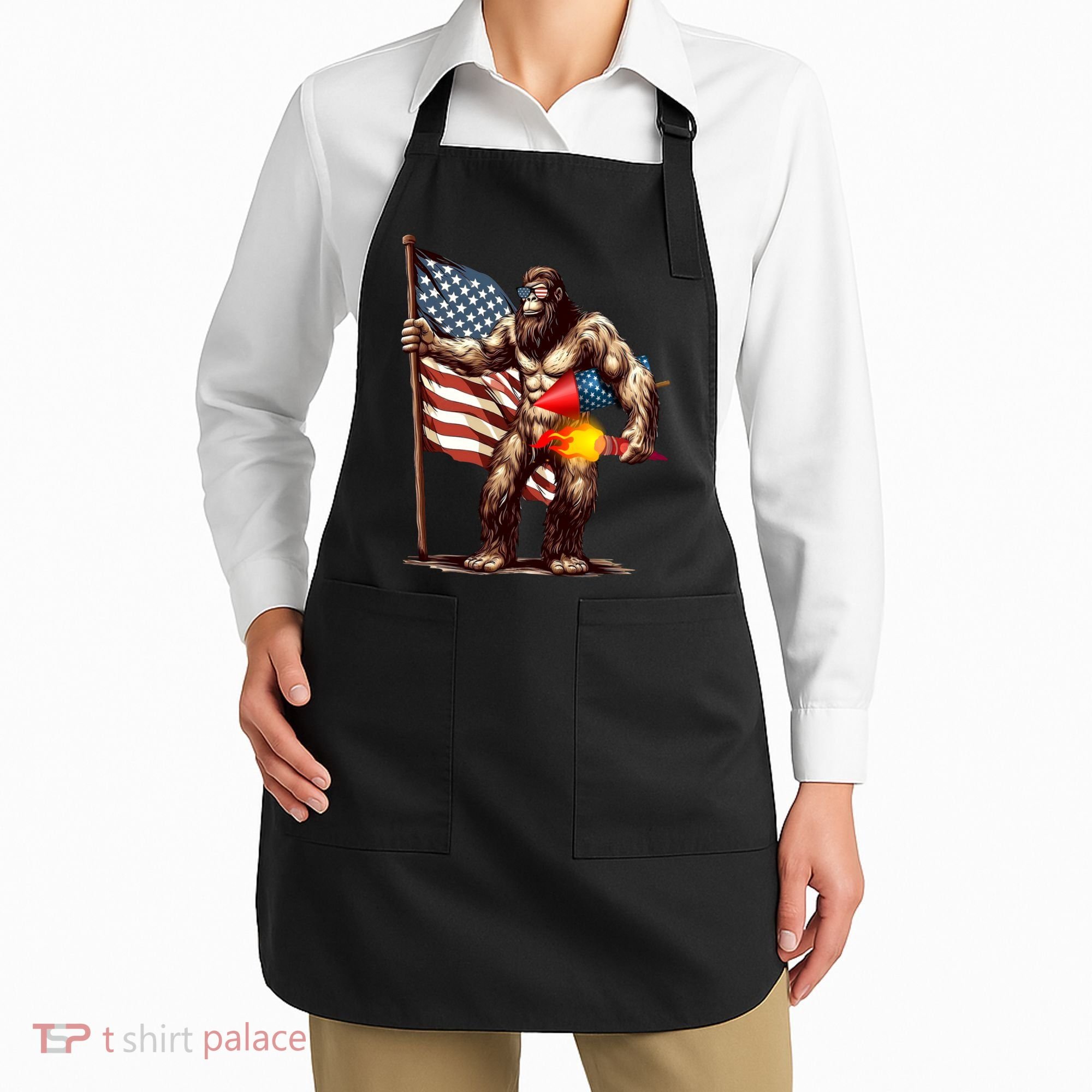 Bigfoot Fireworks 4th Of July Sasquatch American US Flag Apron