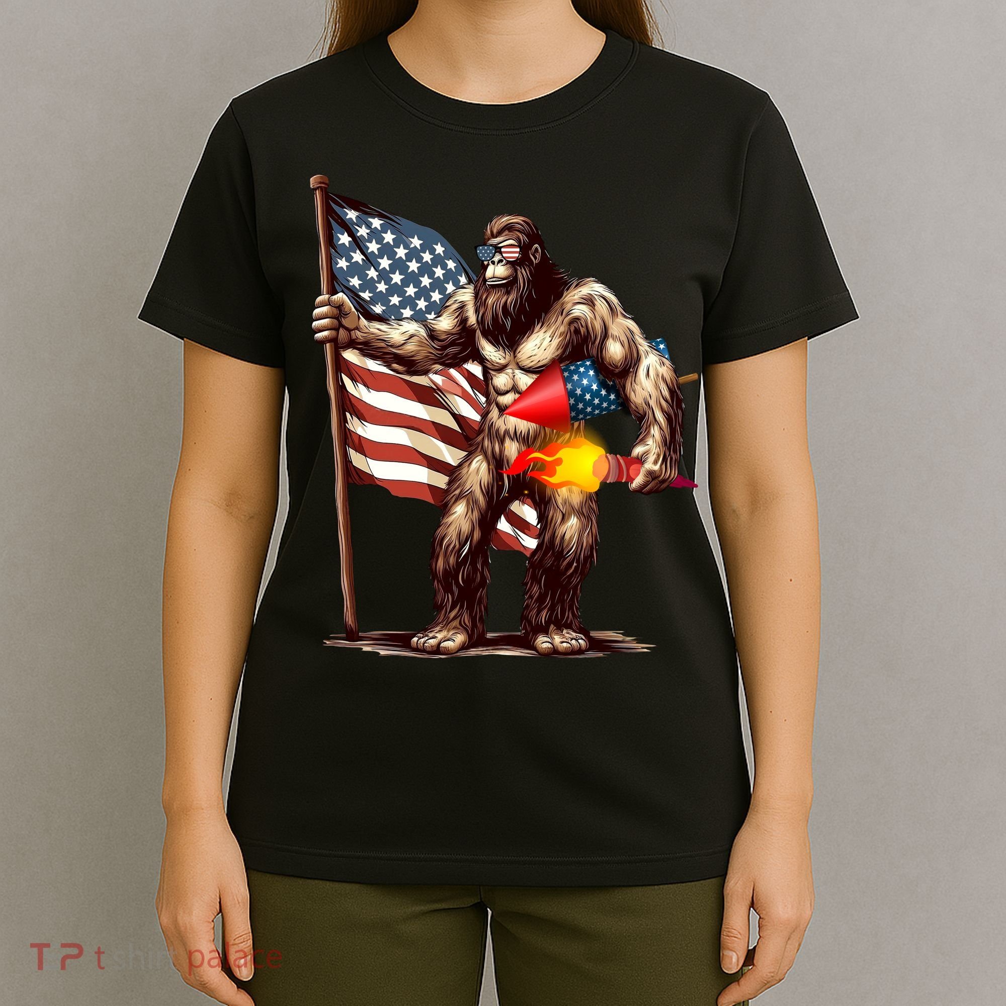 Bigfoot Fireworks 4th Of July Sasquatch American US Flag T-Shirt