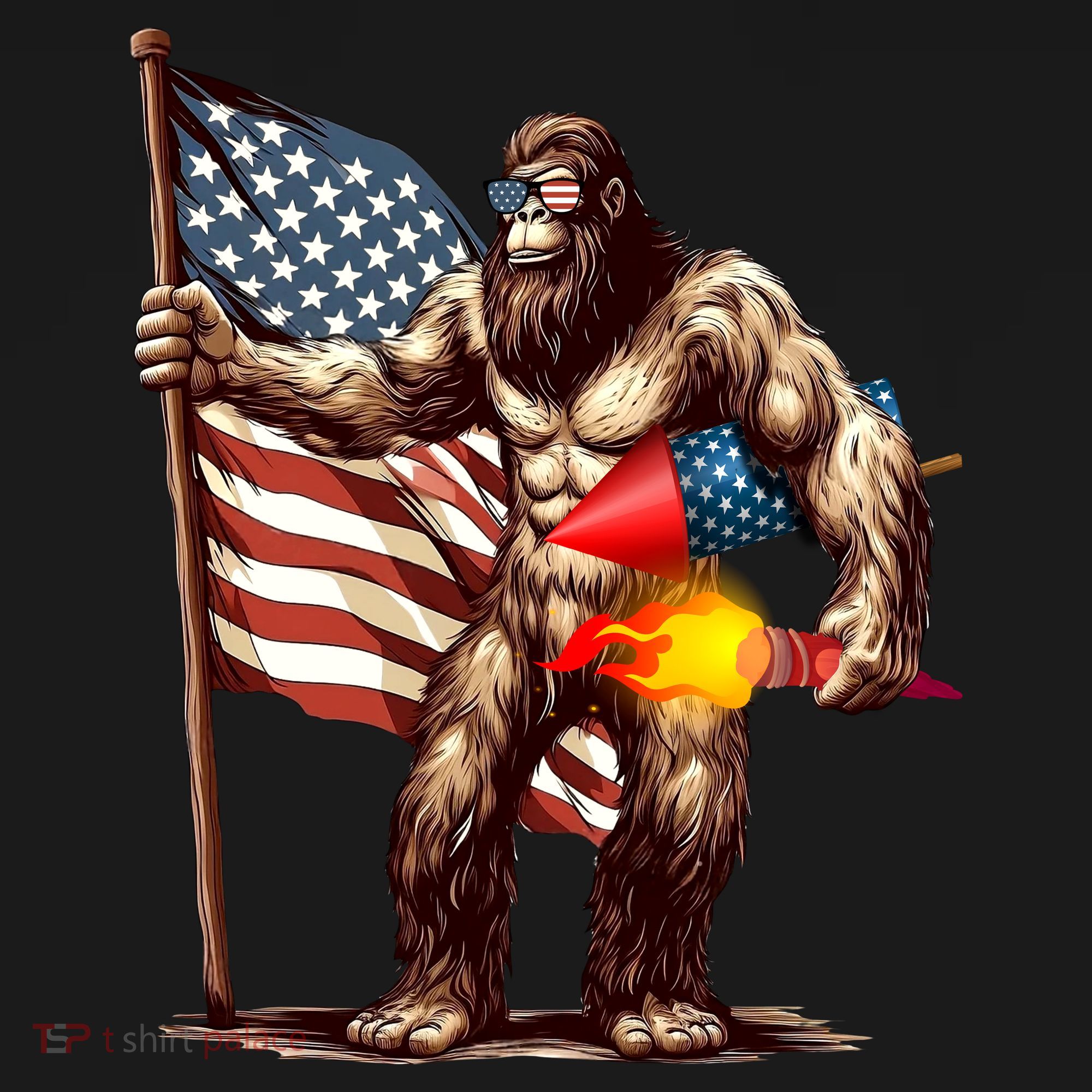 Bigfoot Fireworks 4th Of July Sasquatch American US Flag T-Shirt