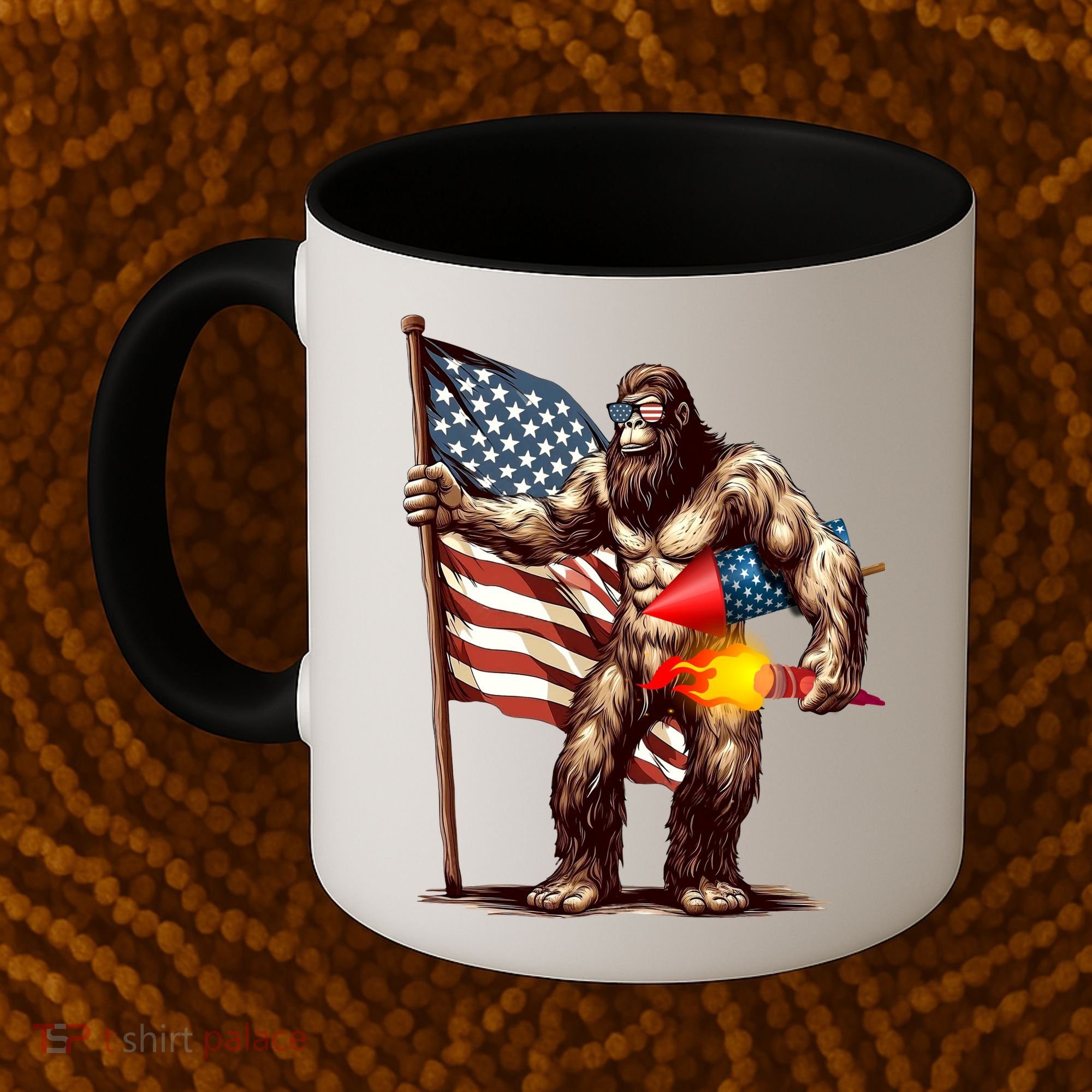 Bigfoot Fireworks 4th Of July Sasquatch American US Flag Coffee Mug