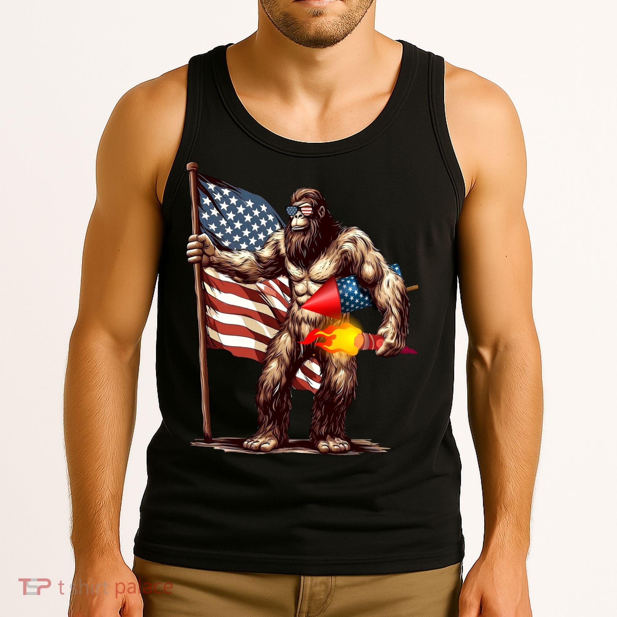 Bigfoot Fireworks 4th Of July Sasquatch American US Flag Tank Top