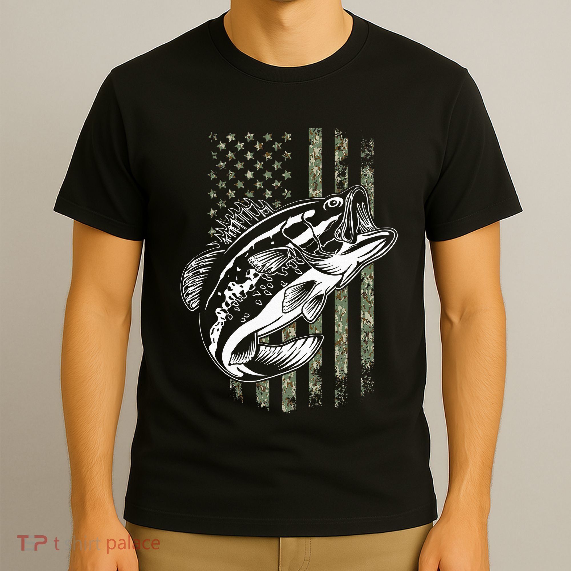 Bass Fishing American Camo Usa Flag T-Shirt