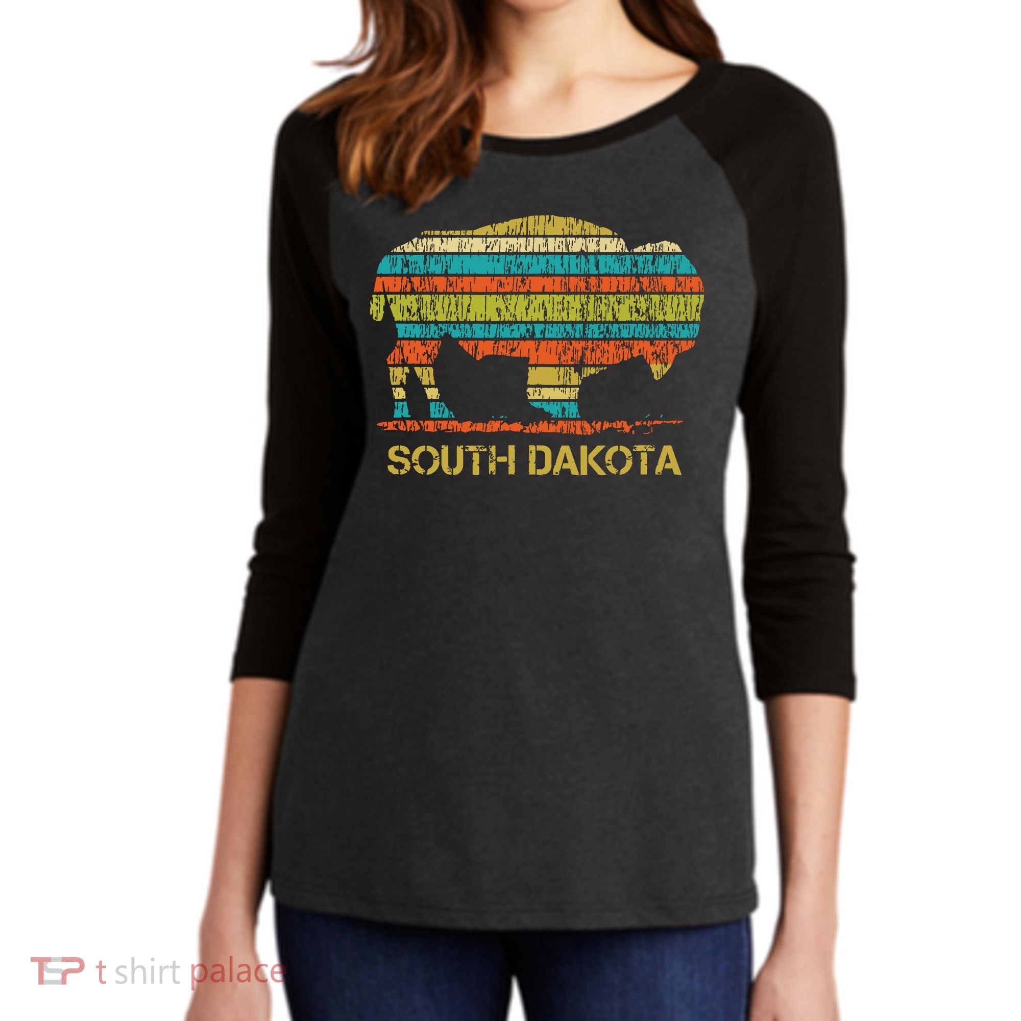 Buffalo For A South Dakota Vacation Women's Tri-Blend 3/4-Sleeve Raglan Shirt