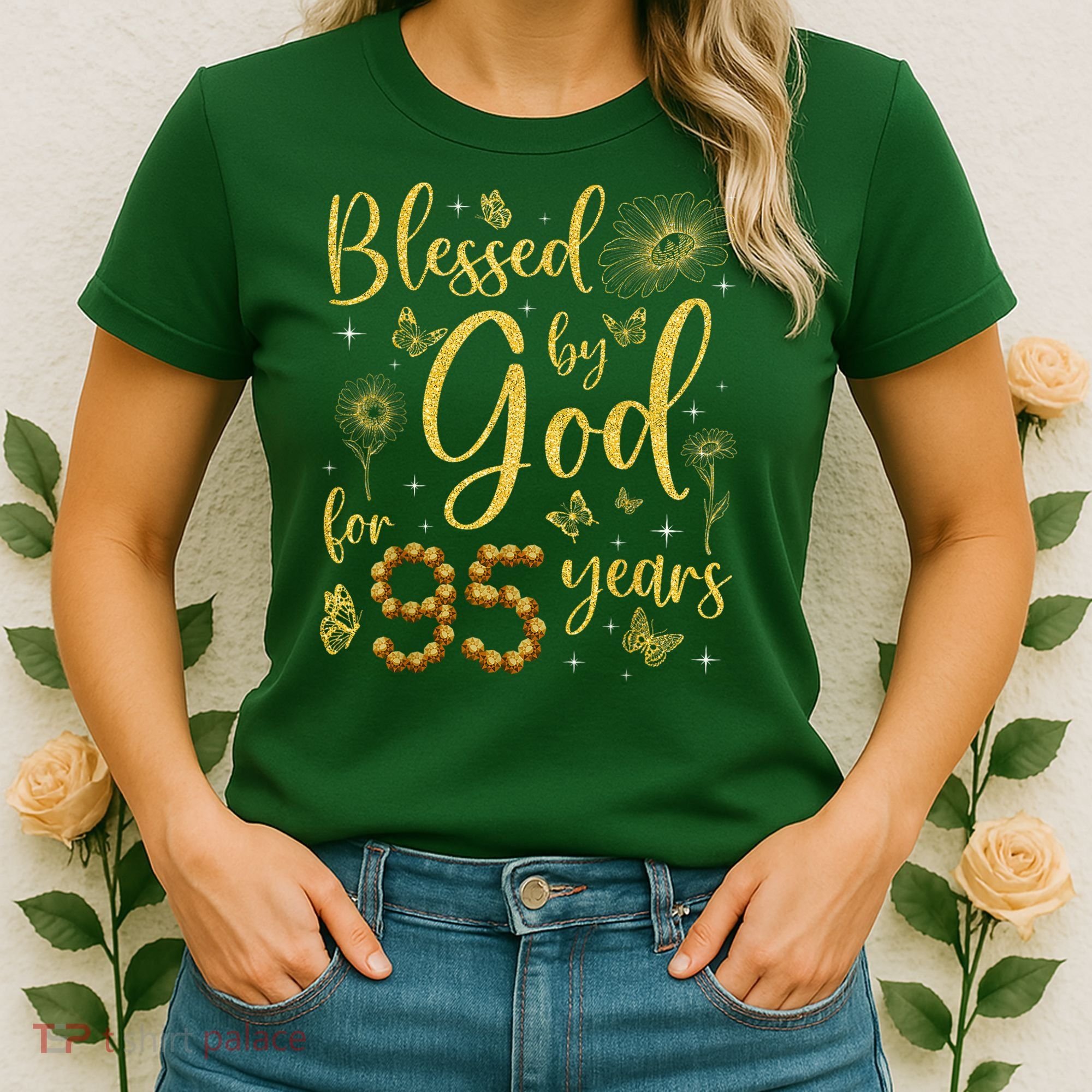 Butterfly Flower Blessed By God For 95 Years 95th Birthday Women's T-Shirt