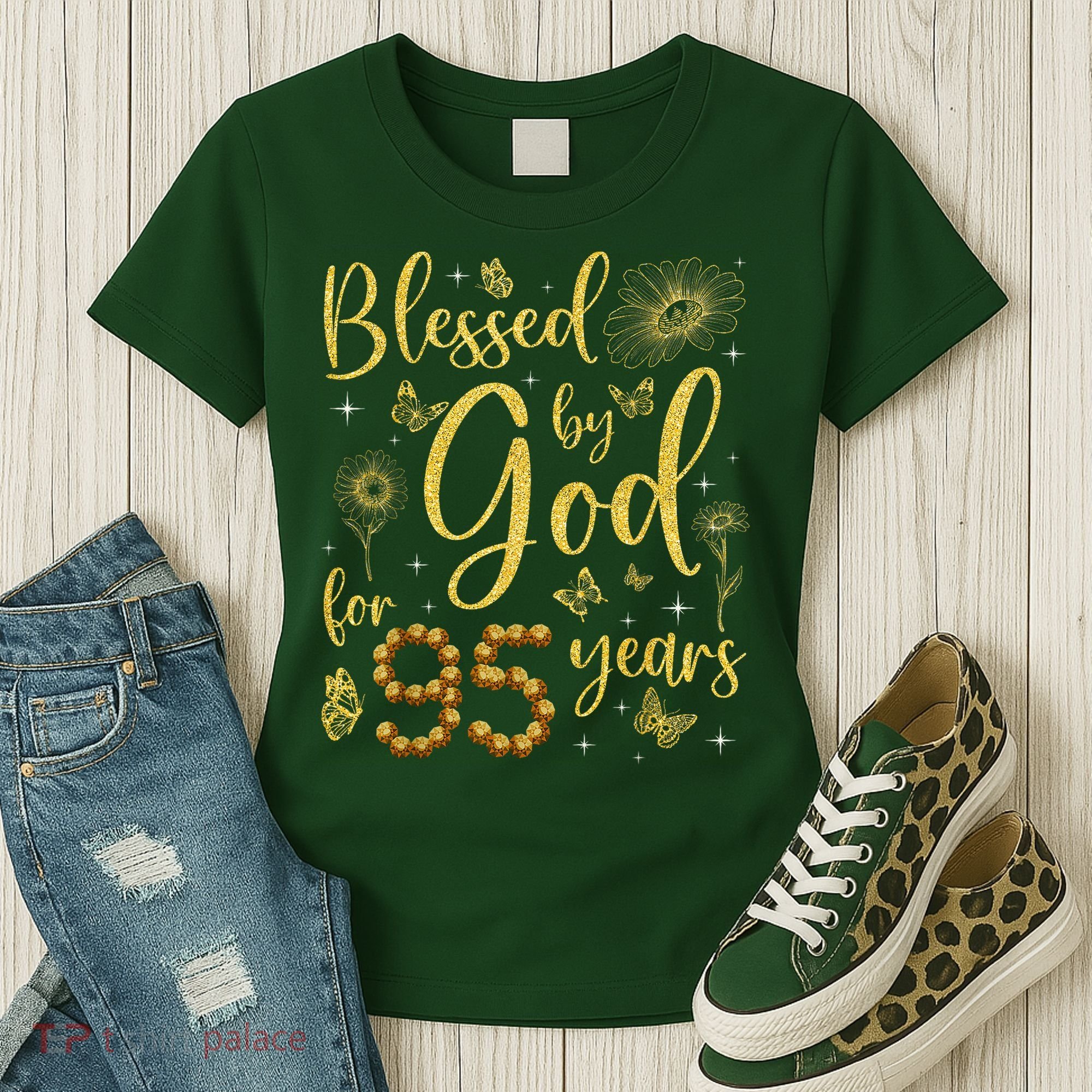 Butterfly Flower Blessed By God For 95 Years 95th Birthday Women's T-Shirt