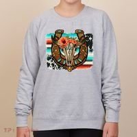 Boho Flower Bull Skull Horseshoes Western Cowhide Serape Women's Sweatshirt thumb 0
