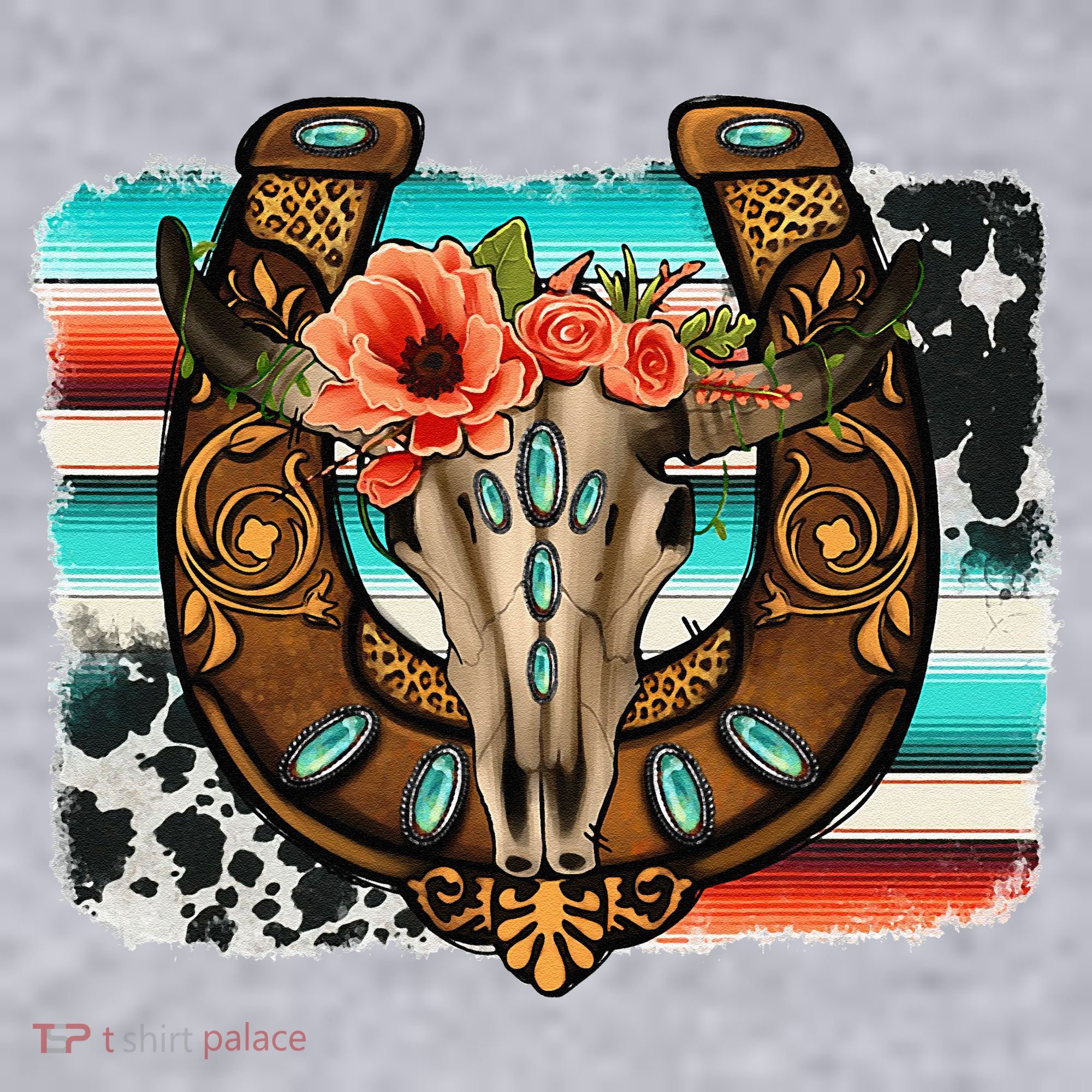 Boho Flower Bull Skull Horseshoes Western Cowhide Serape Women's Sweatshirt