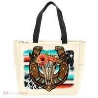 Boho Flower Bull Skull Horseshoes Western Cowhide Serape Tote Bag thumb 0